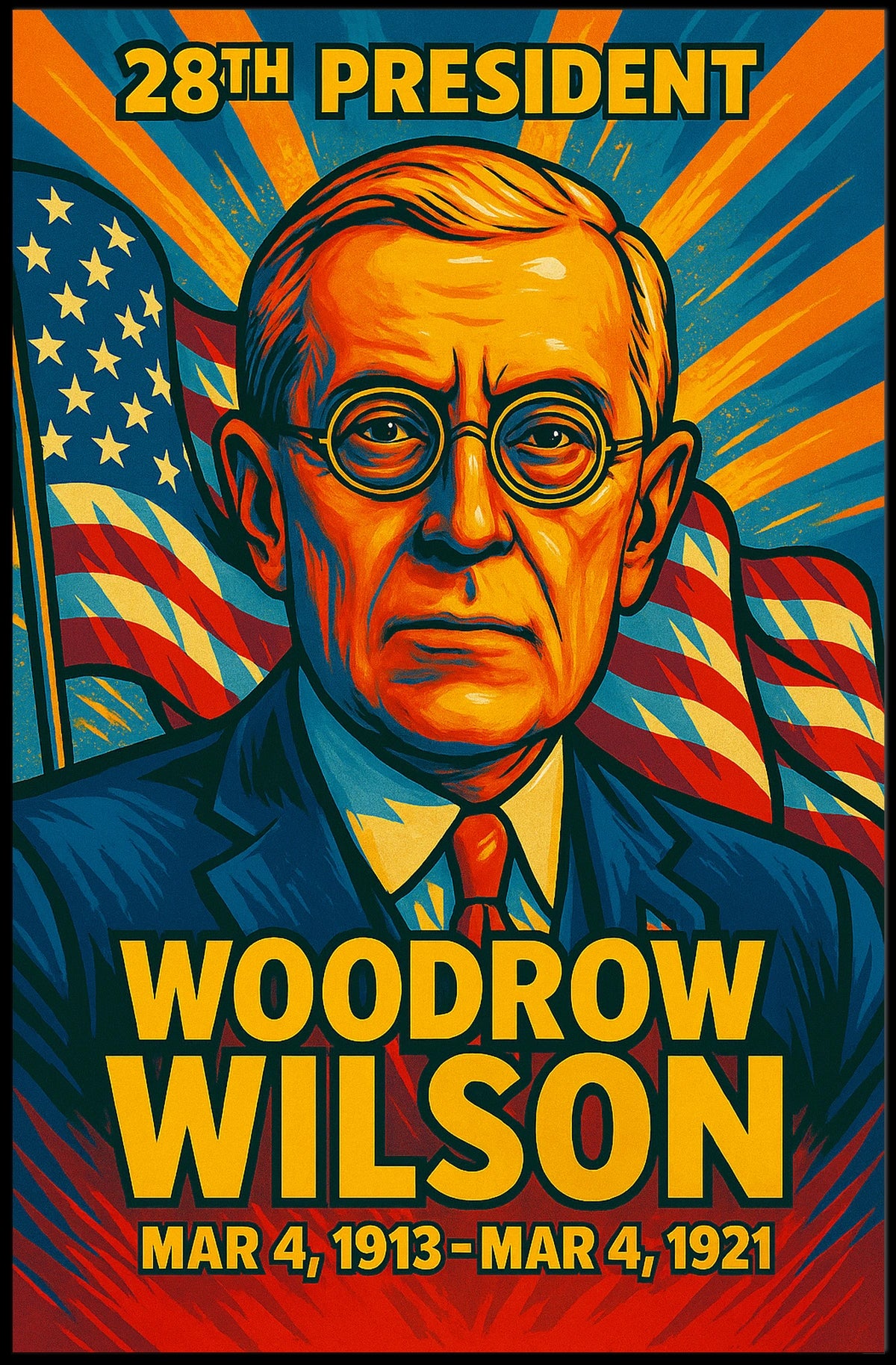 Woodrow Wilson 28th President of the United States Colorful Comic Book Style Poster