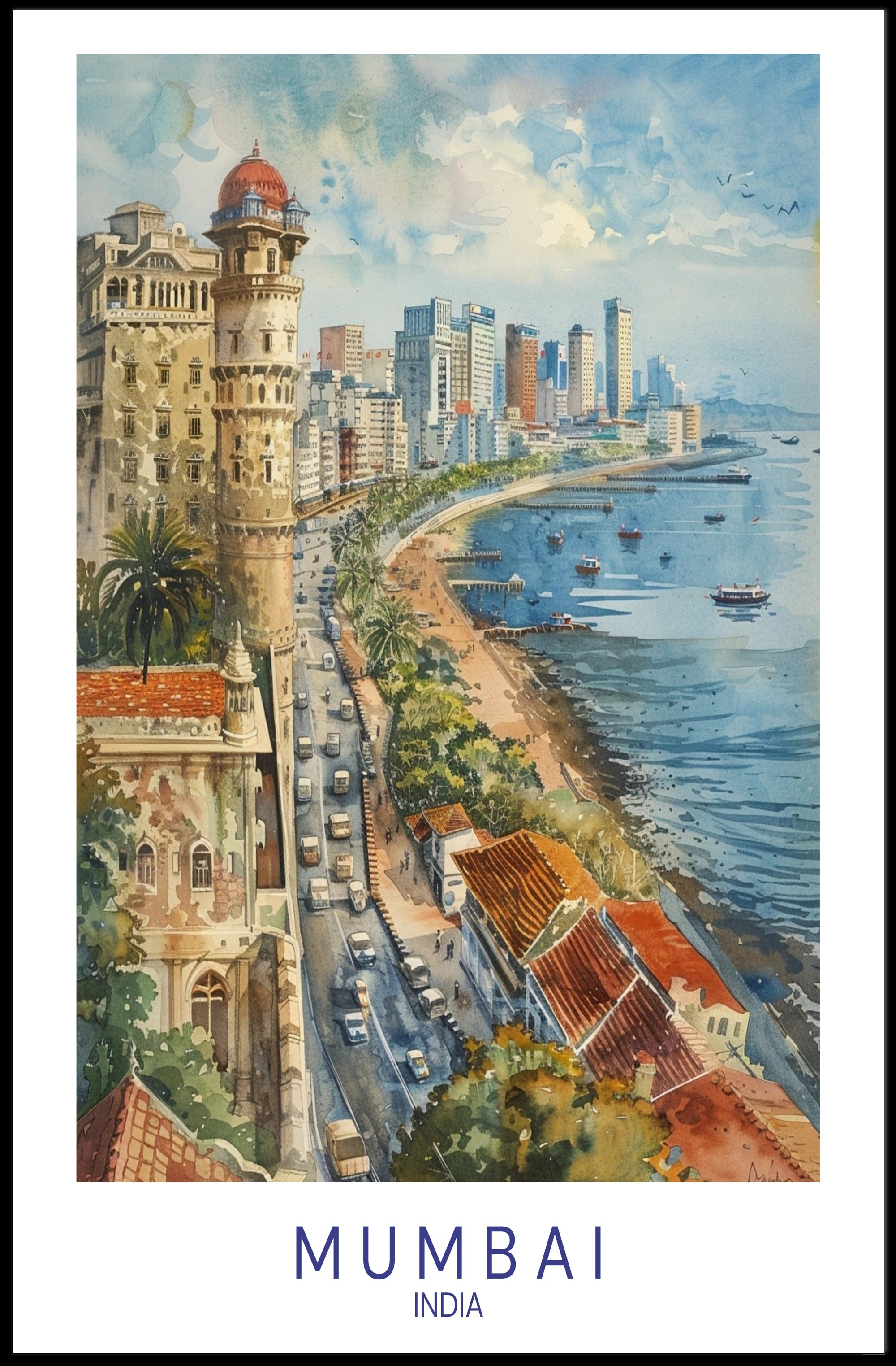 Mumbai Watercolor Coastal View Urban or Cityscape Poster PosterGoat