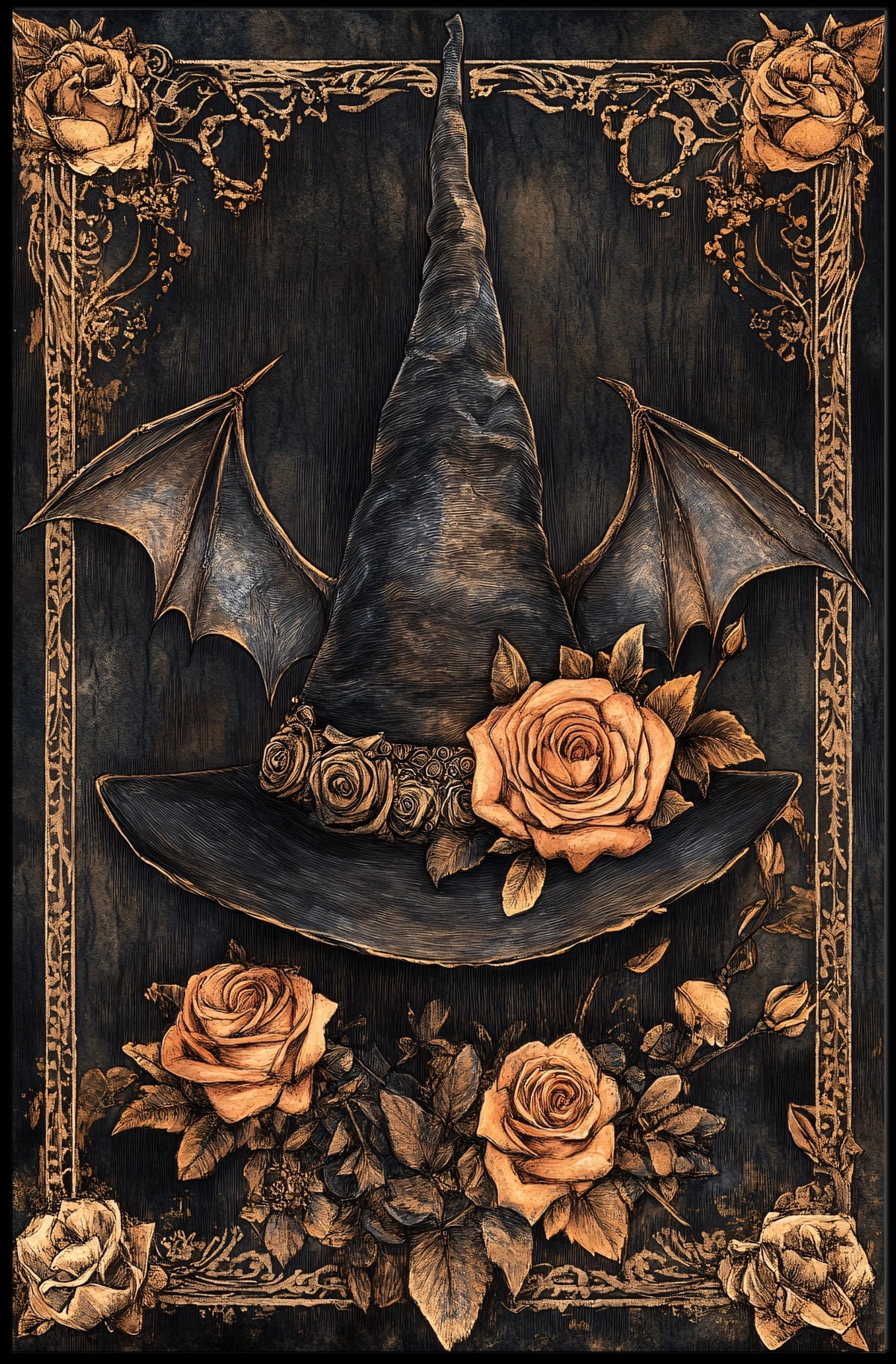 The poster features a central image of a witch's hat adorned with roses. Travel Poster