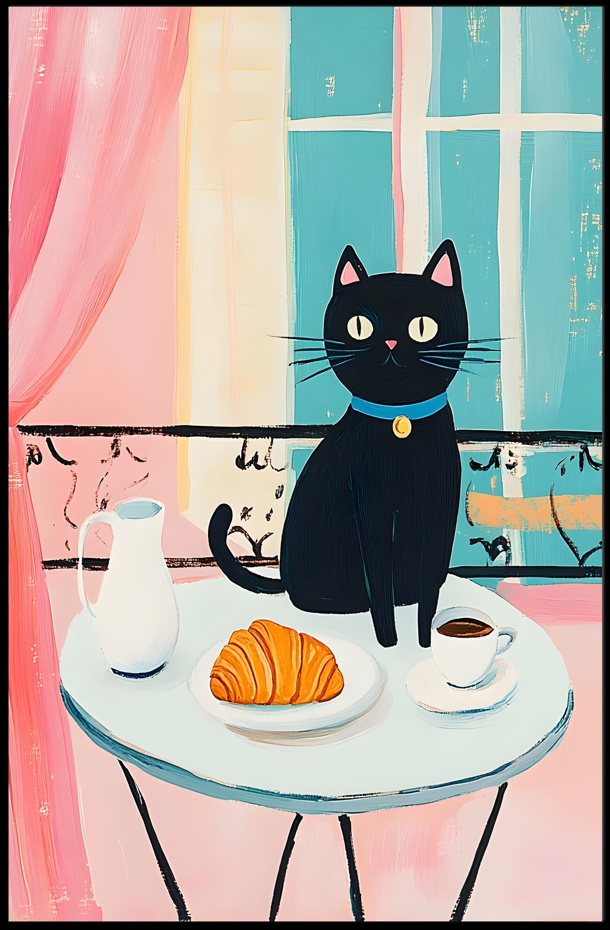 Black Cat Breakfast Poster Charming Morning Wall Art