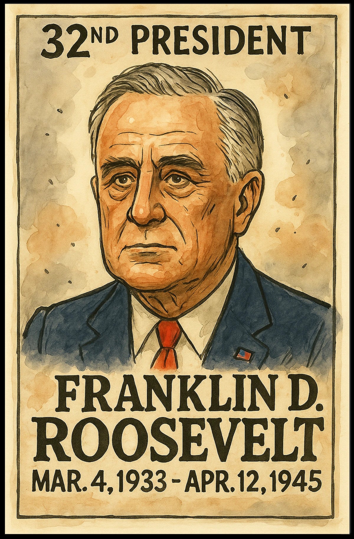 Franklin D. Roosevelt 32nd President of the United States Exaggerated Cartoon Sketch Poster