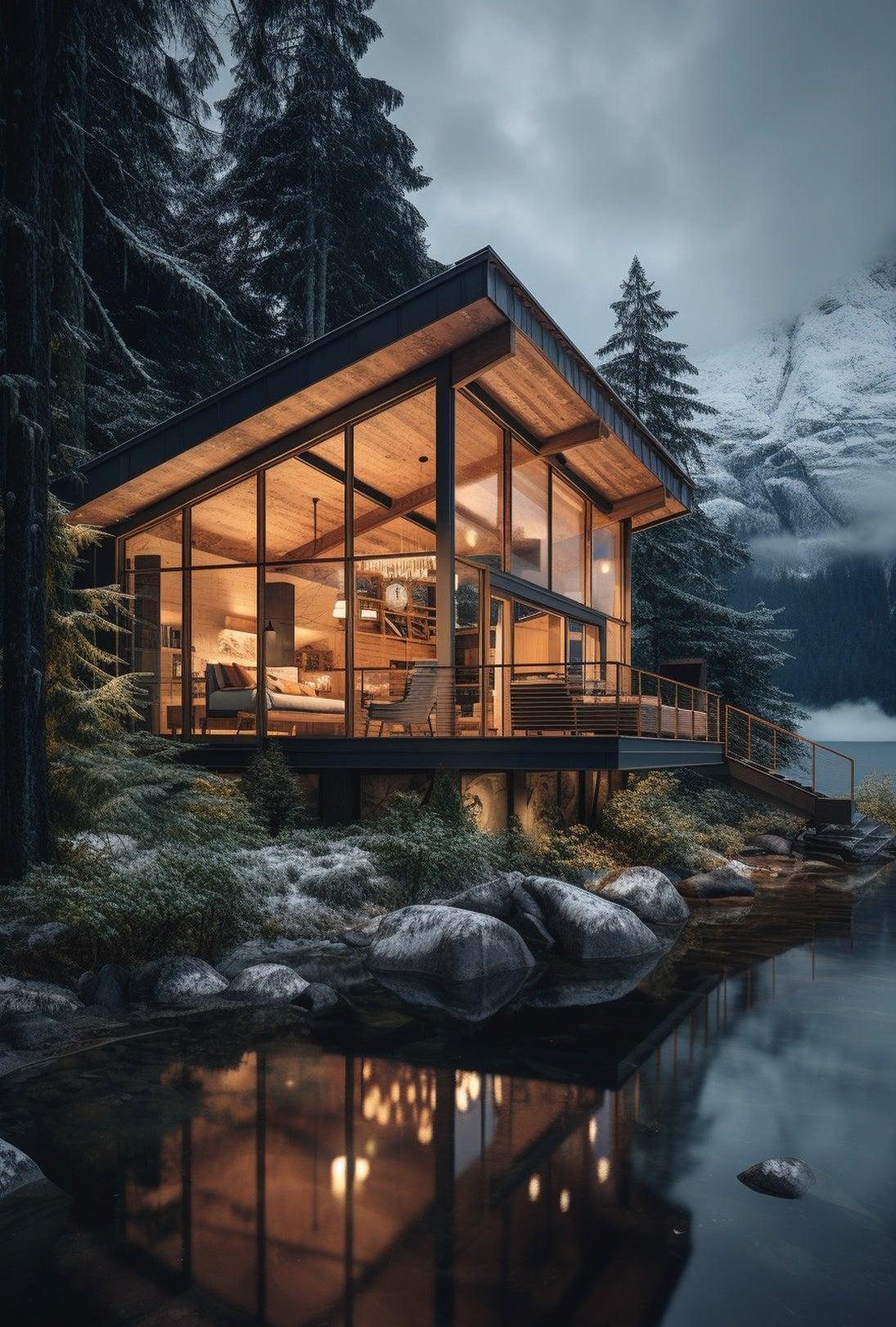 Modern Mountain Retreat in Snowy Forest Poster