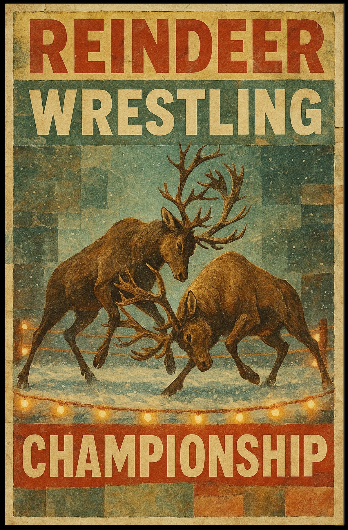 Reindeer Wrestling Retro Print: Vintage Sports Poster