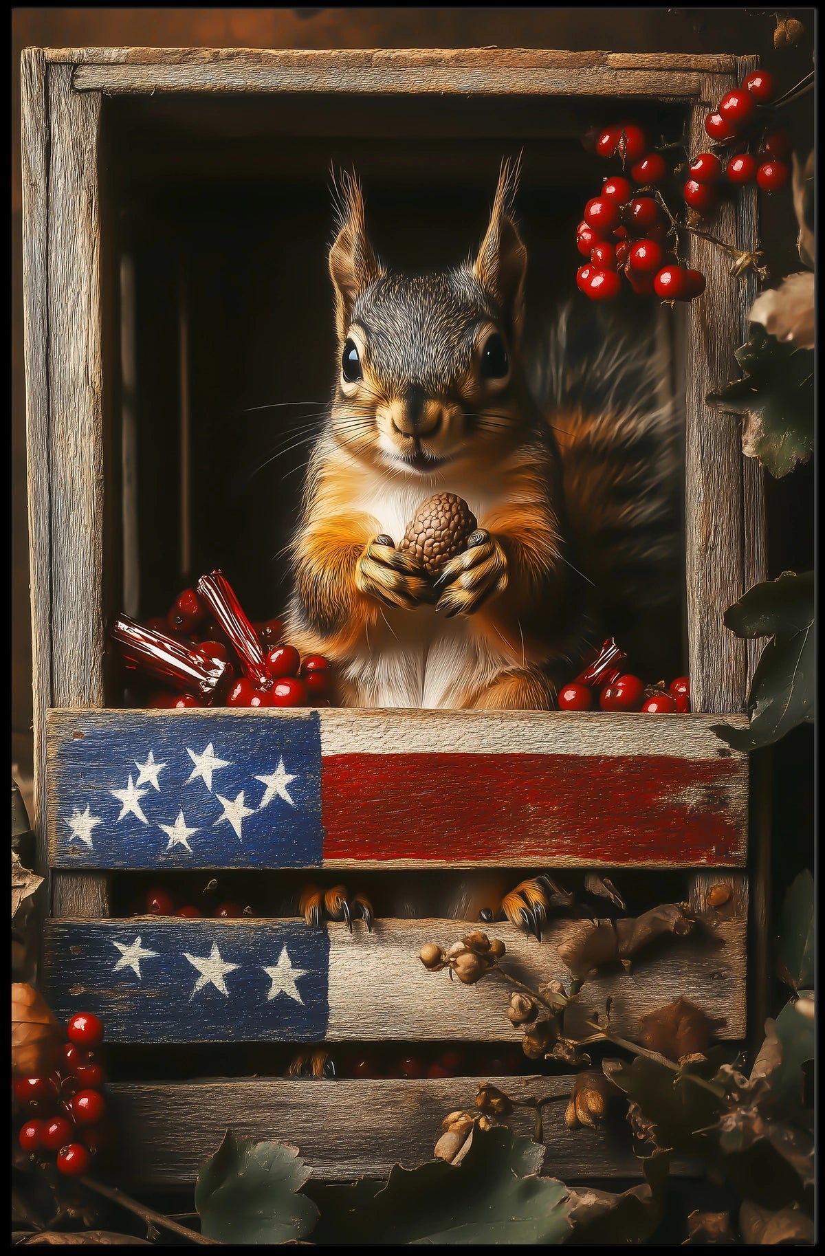 squirrel sitting upright inside a wooden crate Poster