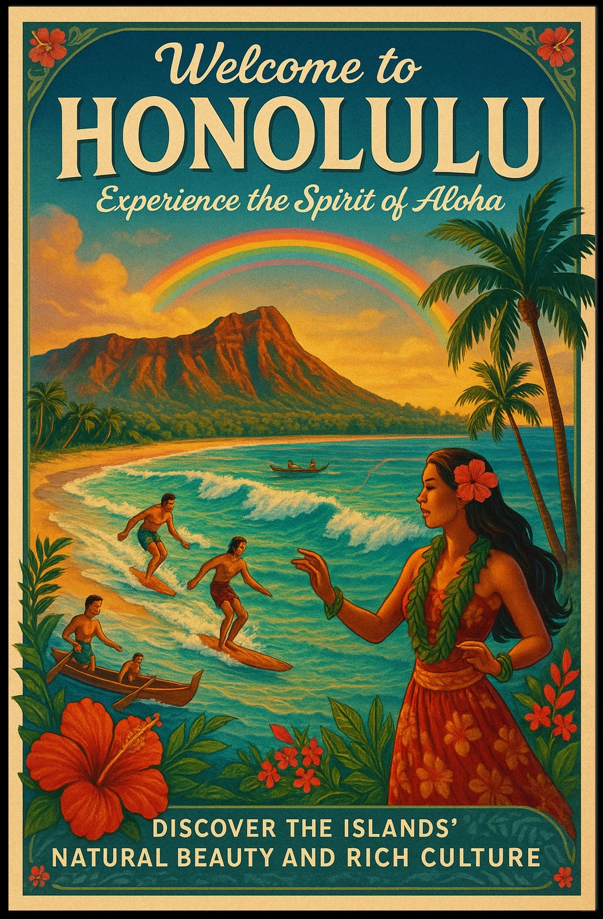 Honolulu Vintage Travel Poster Surf, Sun, Aloha Vibes