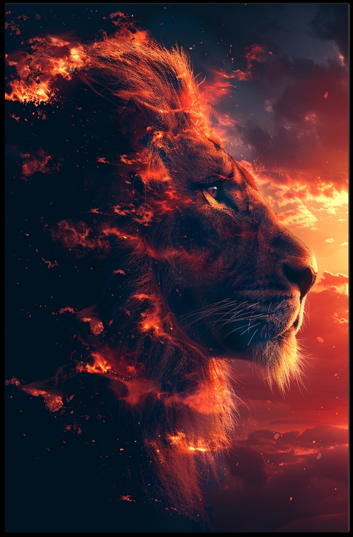 Majestic Lion Fire Art: Surreal Power Poster
