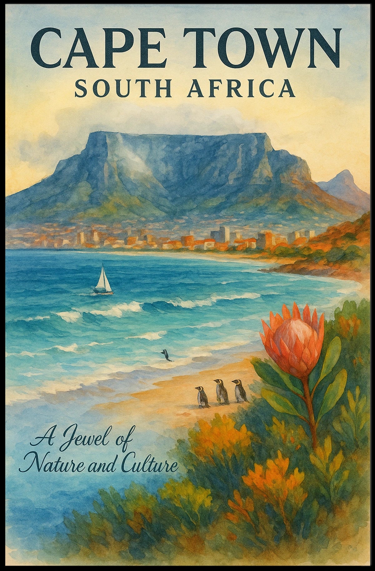 Cape Town Tranquility: Watercolor Art Poster Print