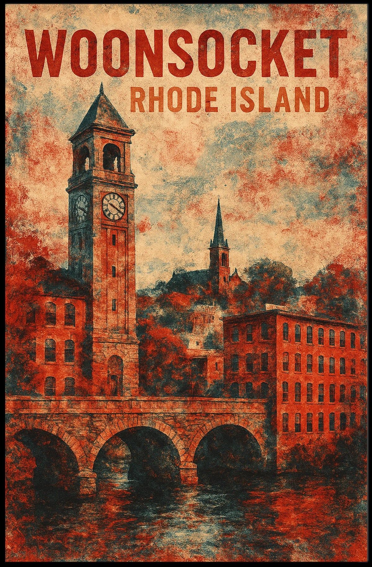 Vintage Woonsocket Clock Tower Nostalgic Watercolor Poster