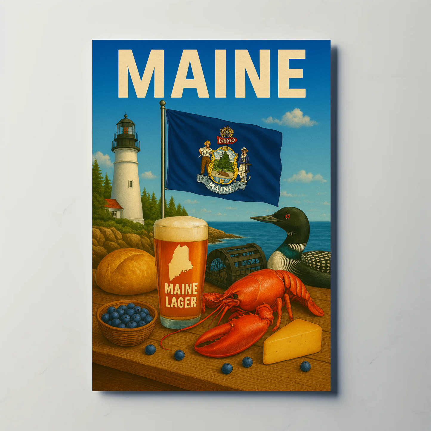 Maine Lobster Lighthouse Blueberry Beer Nature Travel Poster