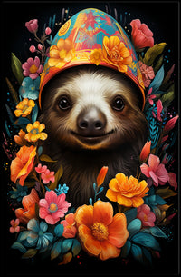 Floral Fiesta Joyful Sloth Whimsical Poster