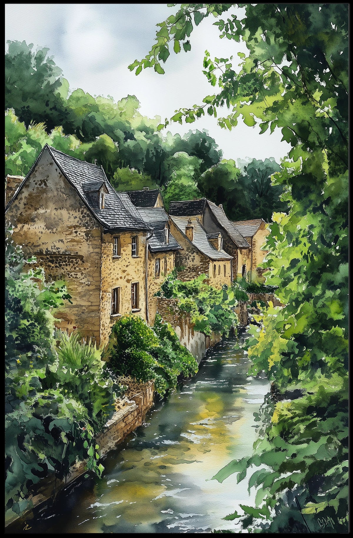 Luxembourg Grund District Riverside Scene Classic Poster