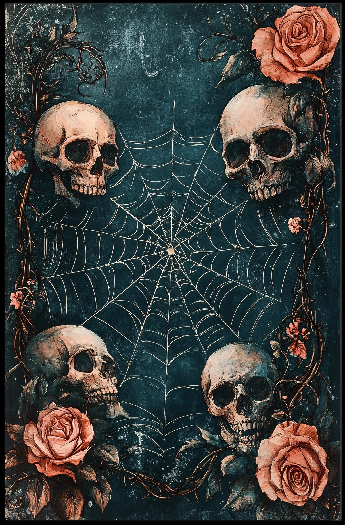 The poster has a gothic and macabre theme, featuring four human skulls arranged Travel Poster