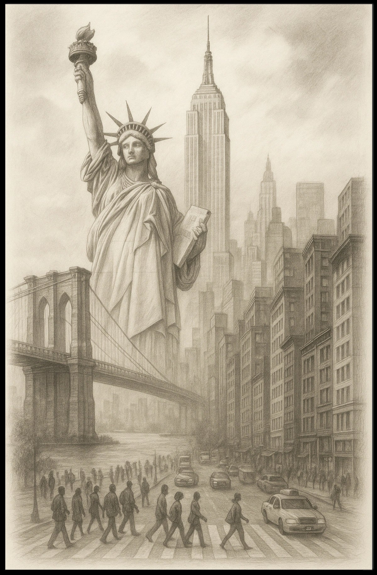New York City Landmarks Poster Vintage Sketch Wall Art