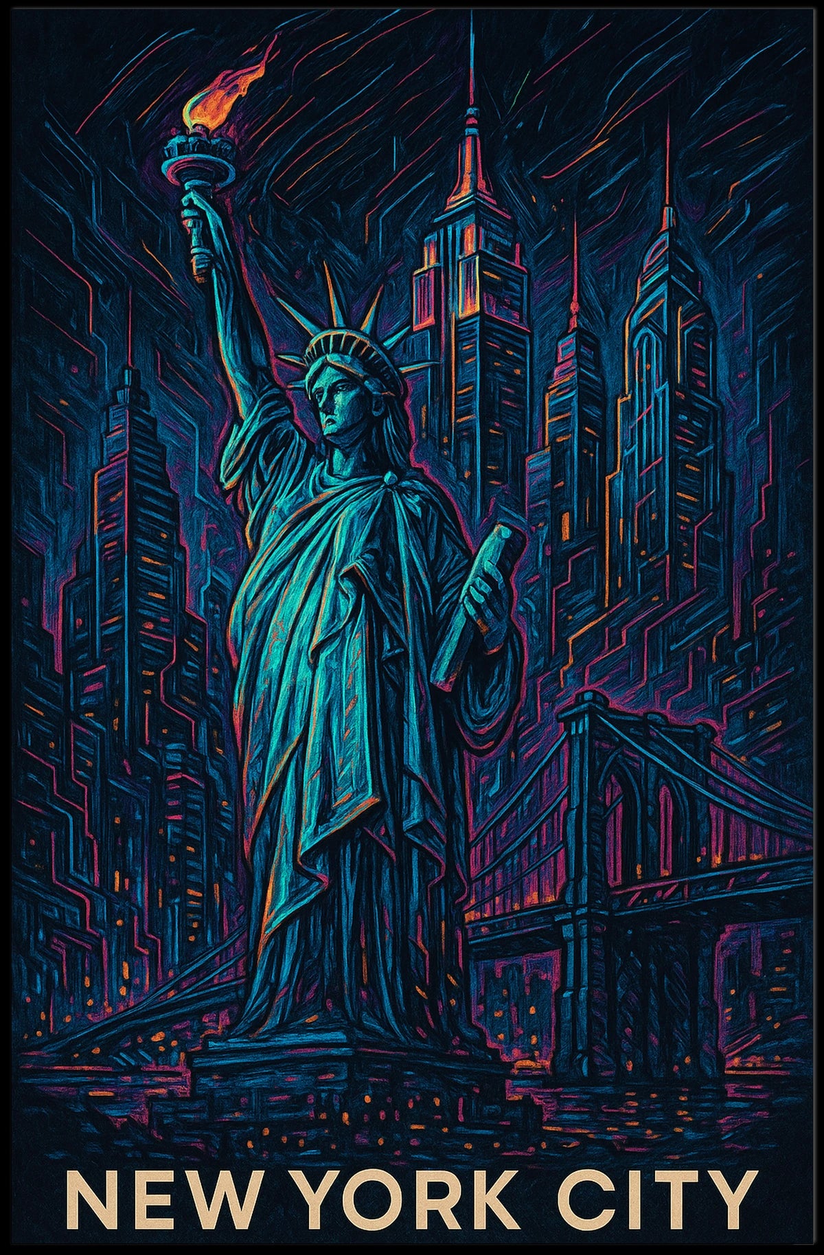New York City Neon Art Poster Modern City Skyline Wall Art