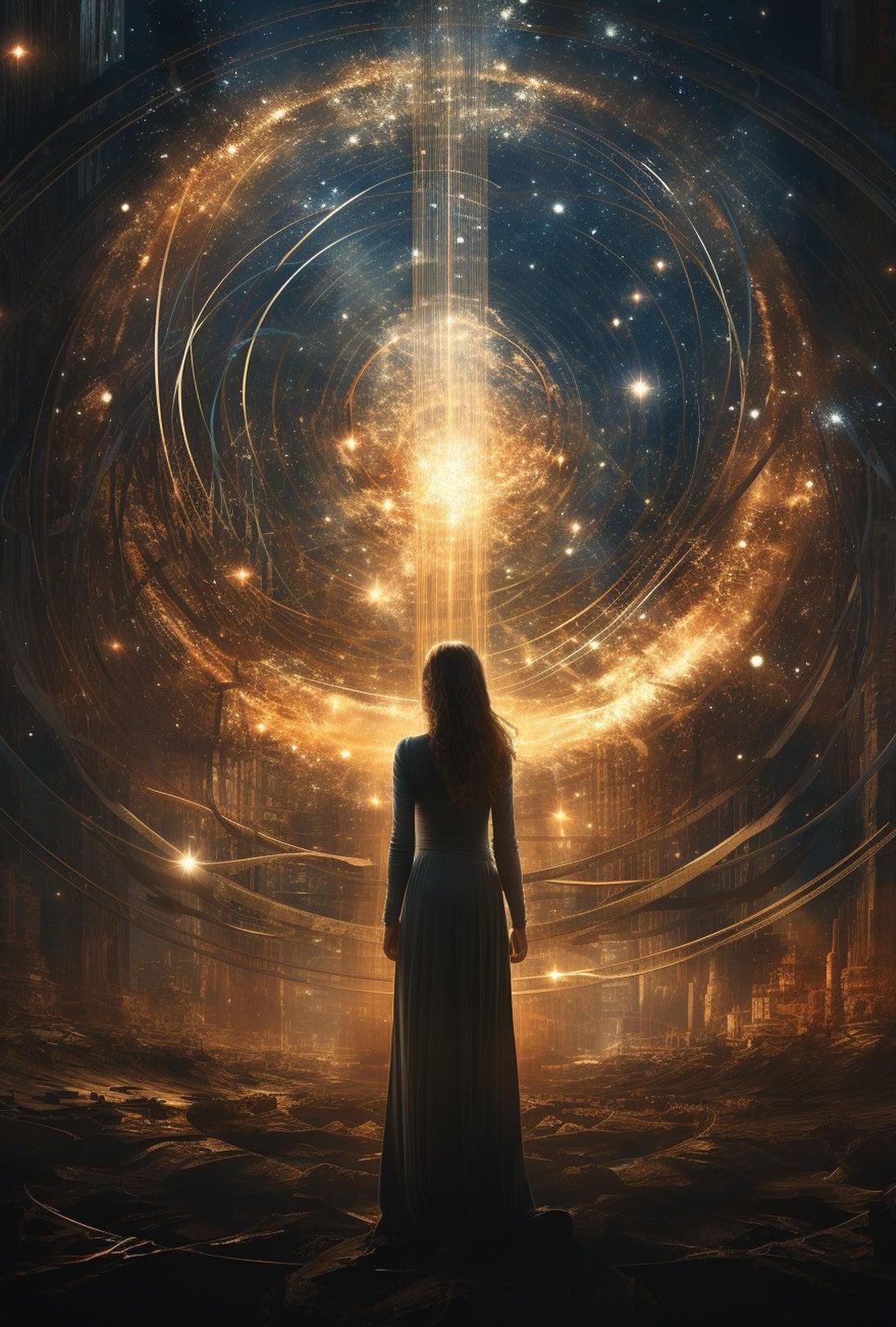 Lone Explorer in Mystical Cosmic Realm Futuristic Sci-Fi Poster