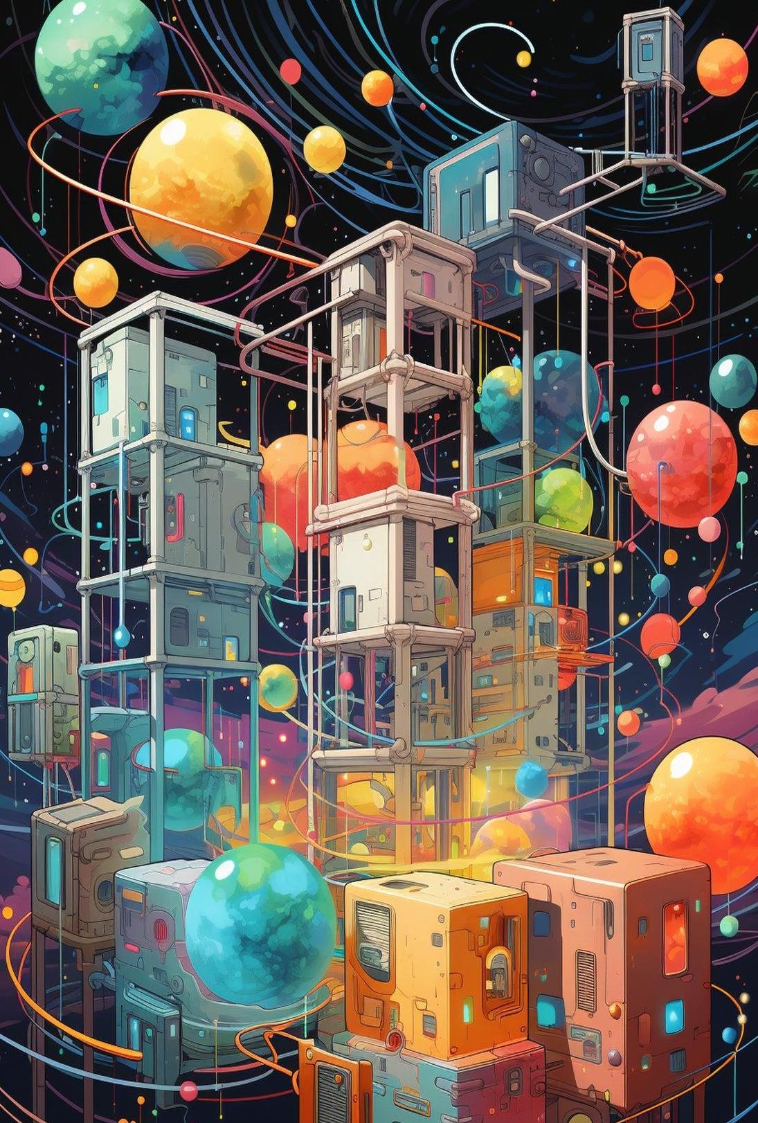 Futuristic Space Adventure Art Poster: Whimsical Sci-Fi Design