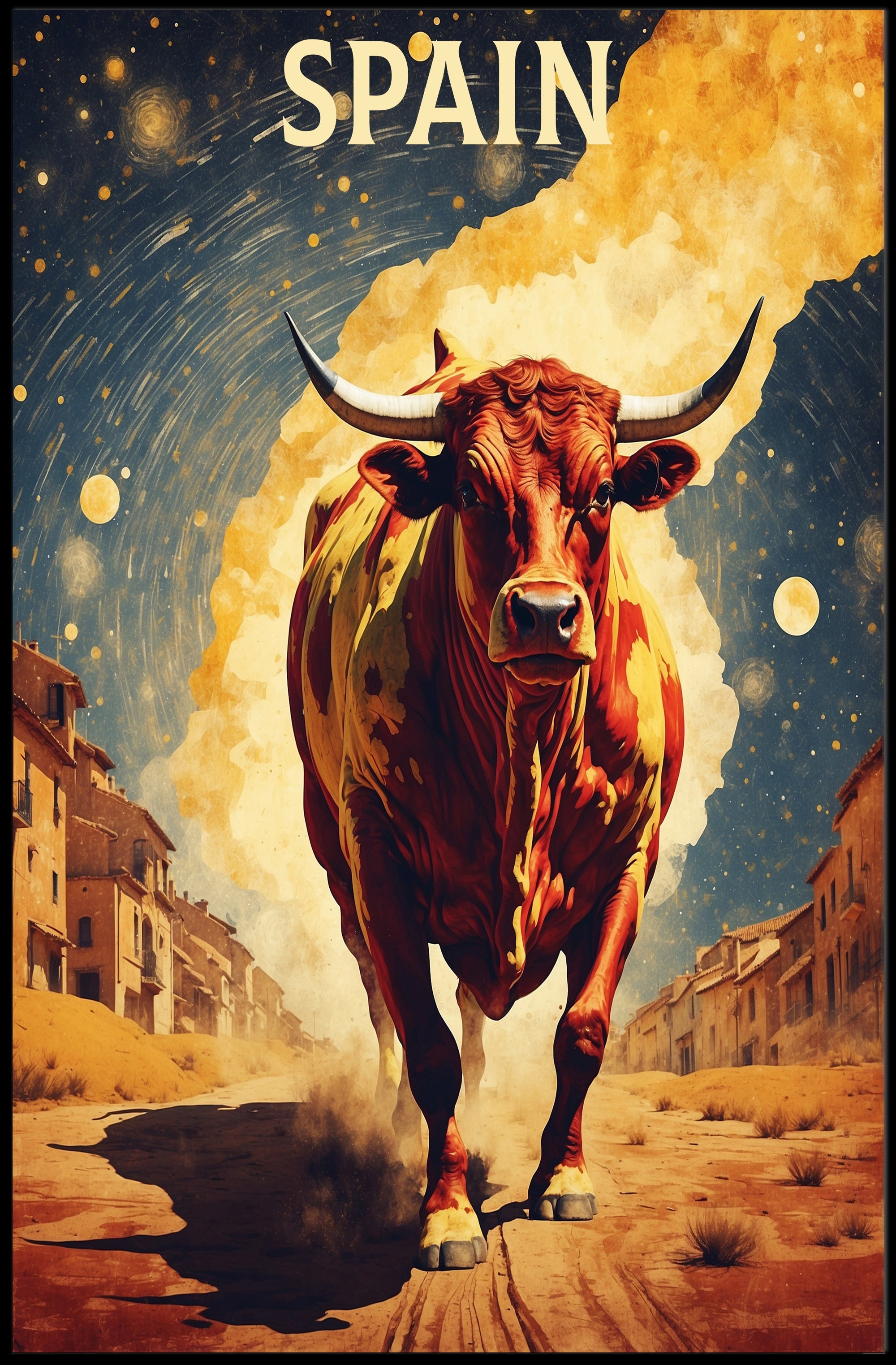 Charging Bull on Spanish Street: Cultural or Heritage Poster