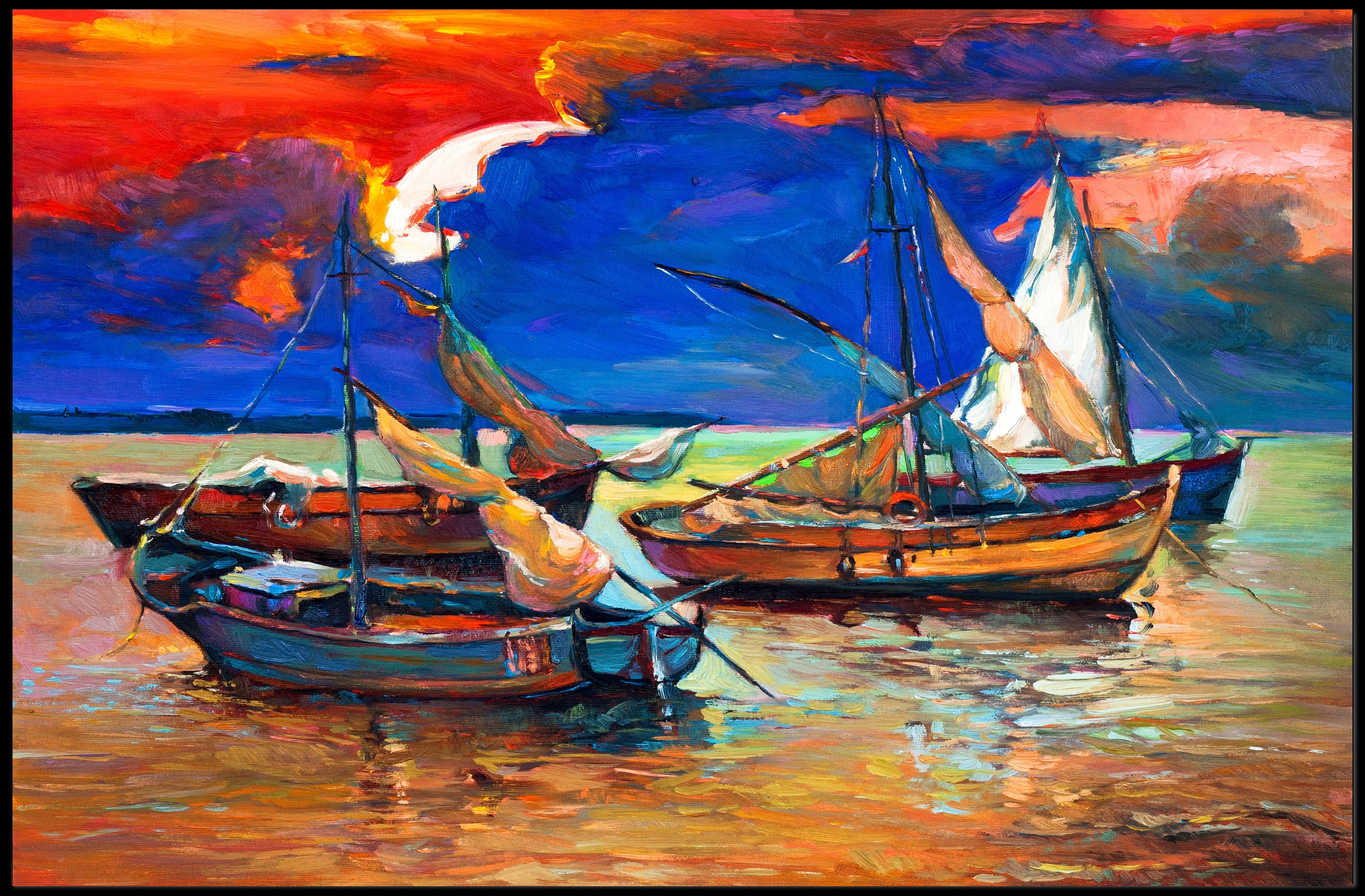 Vibrant Sunset Over Sailboats Poster