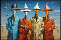 Surreal Characters in Elongated Beak Masks: Artistic Poster