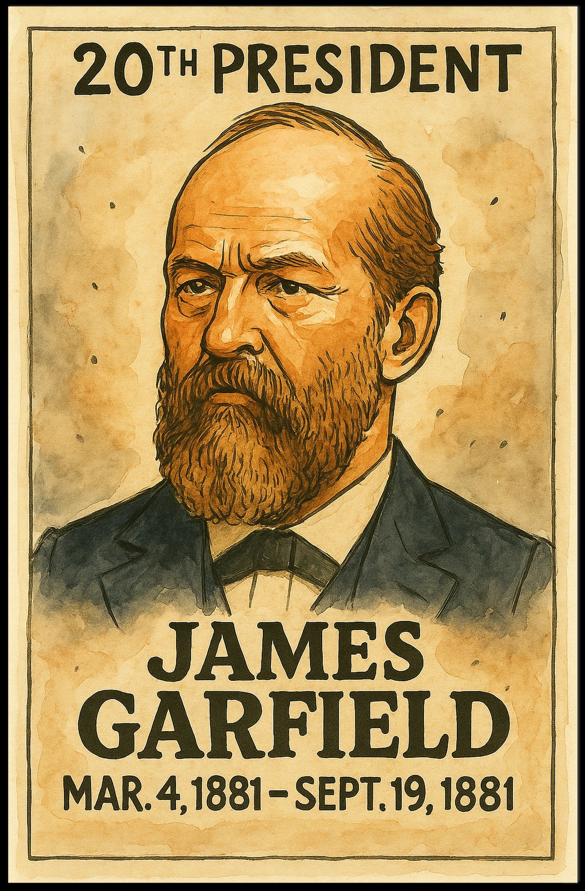 James A. Garfield 20th President of the United States Exaggerated Cartoon Sketch Poster