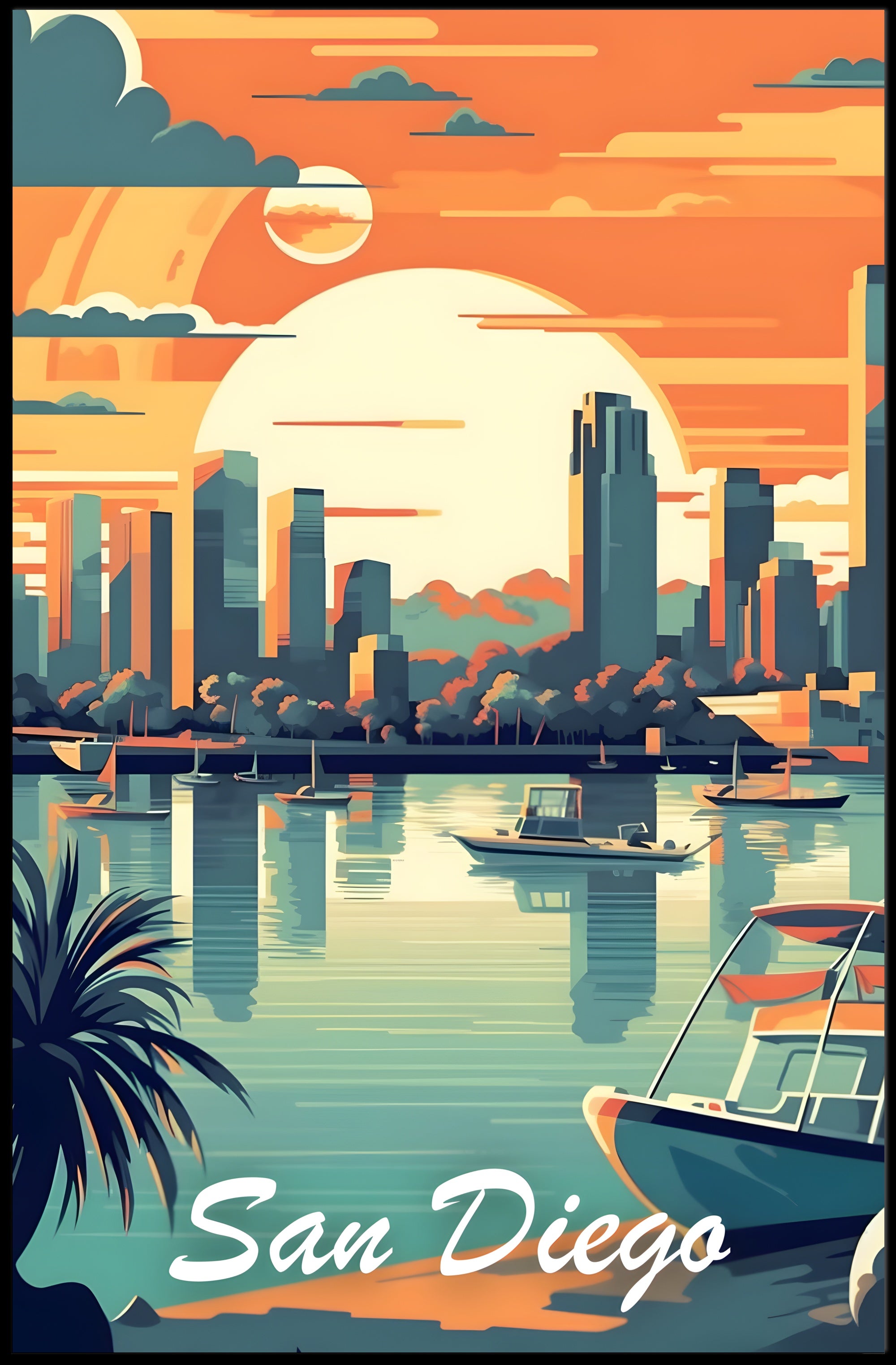 San Diego Skyline Sunset Travel Poster