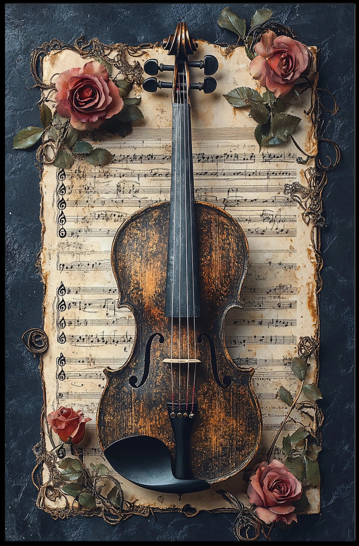 Melodic Nostalgia: Vintage Violin and Roses Artistic Poster