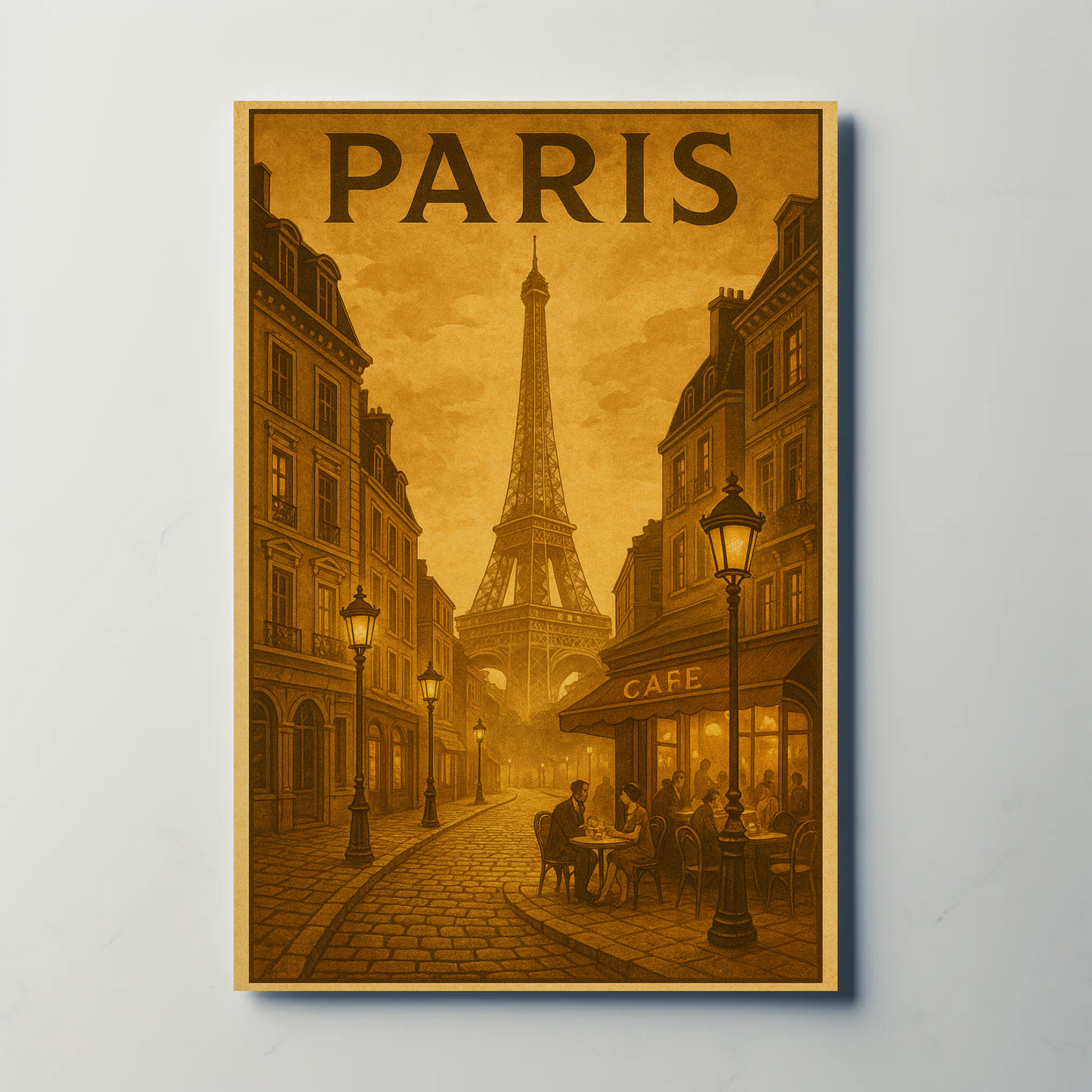 Paris Café Eiffel Sepia Travel Poster
