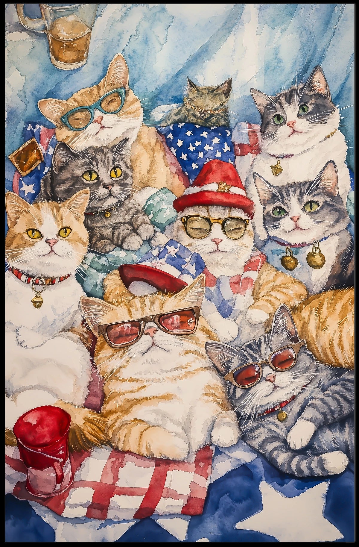 Patriotic Cats Gather On American Flag Picnic Blanket Poster