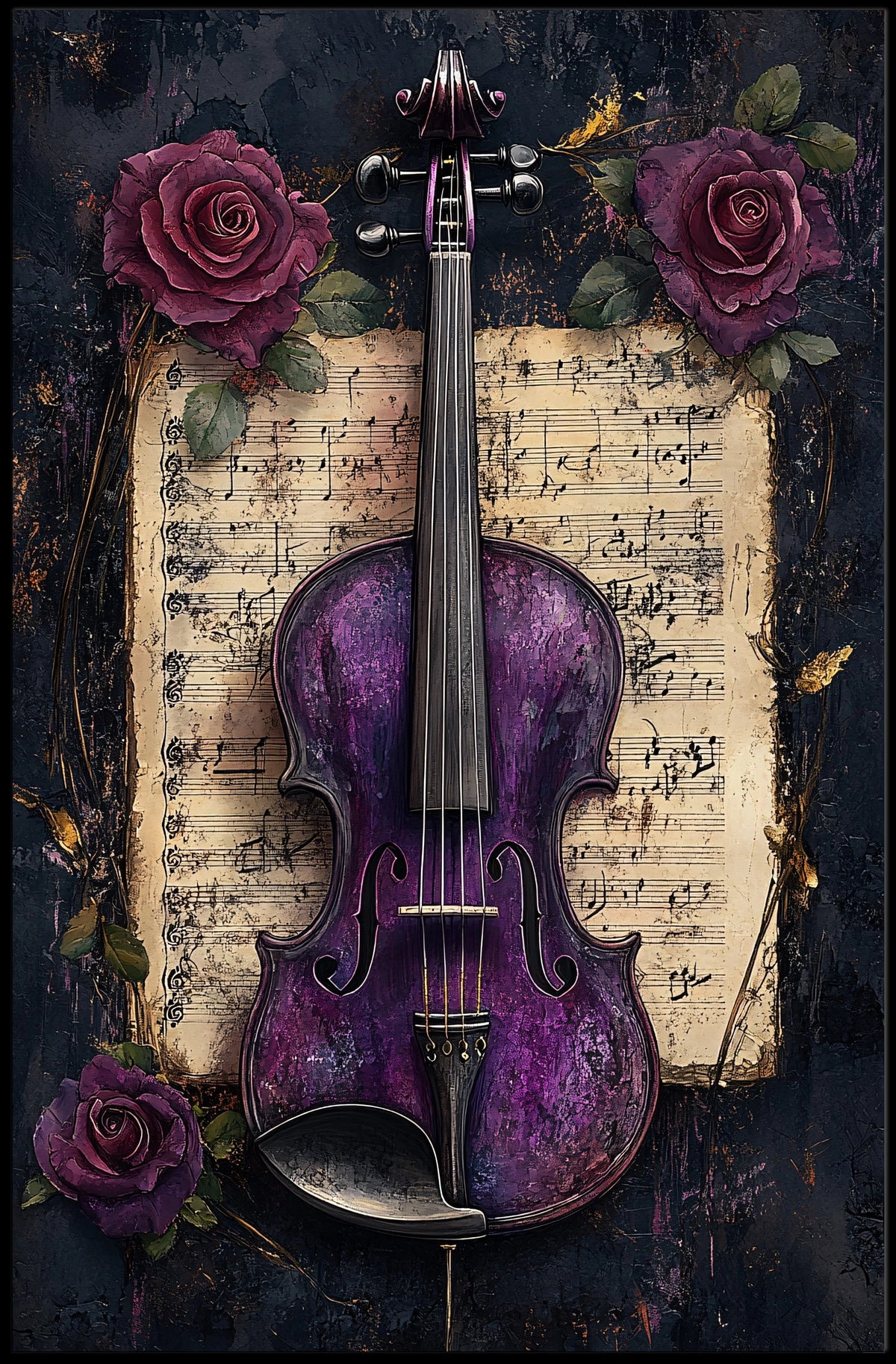 Artistic Purple Violin and Flowers Abstract Poster