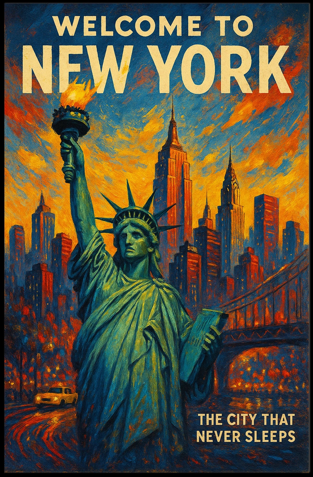 New York Skyline Sunset Art Poster Vintage Wall Art