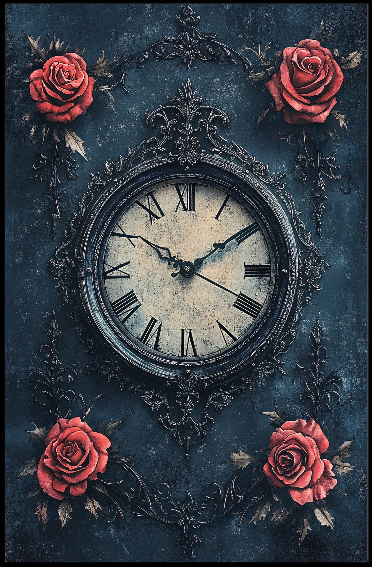 Ornate Vintage Clock and Roses Wall Art Artistic Poster