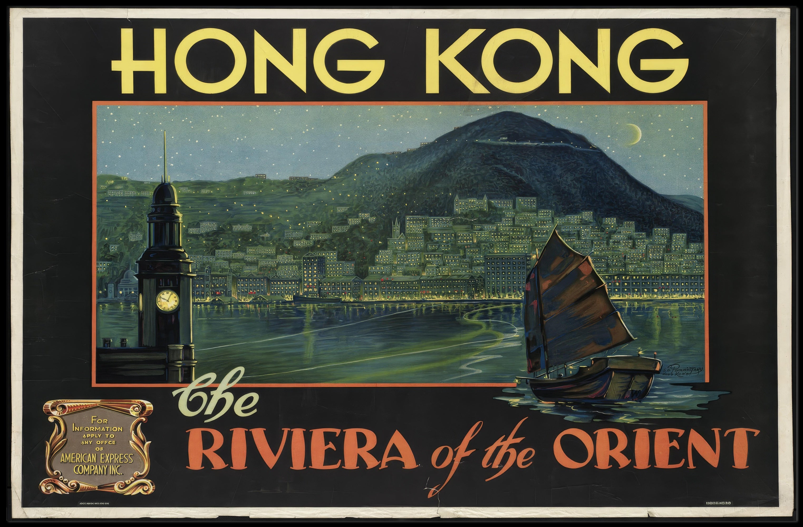 Vintage Hong Kong Poster with Night Skyline PosterGoat