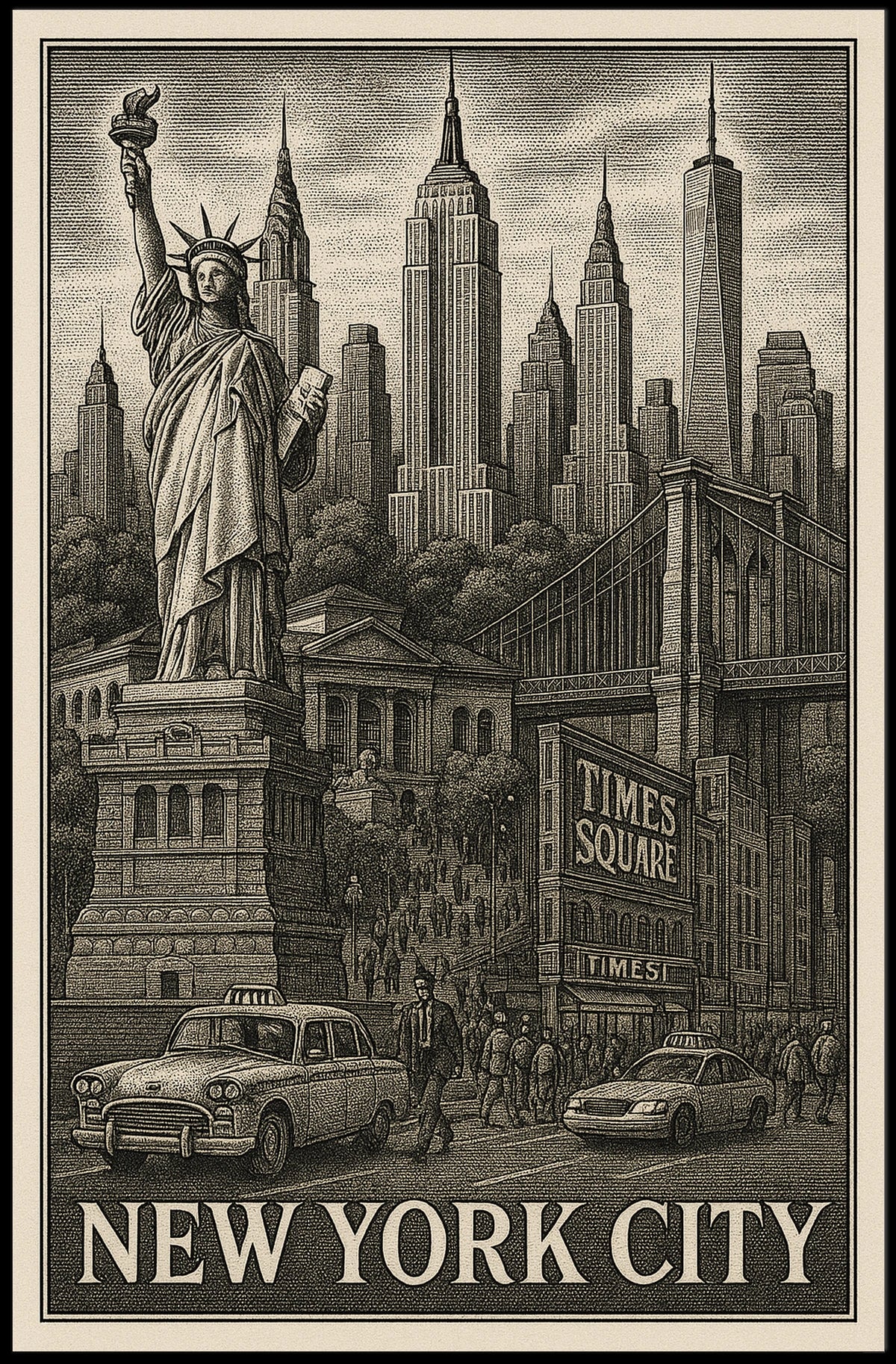 New York City Landmarks Engraved Poster Vintage Wall Art