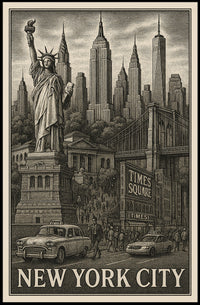 New York City Landmarks Engraved Poster Vintage Wall Art