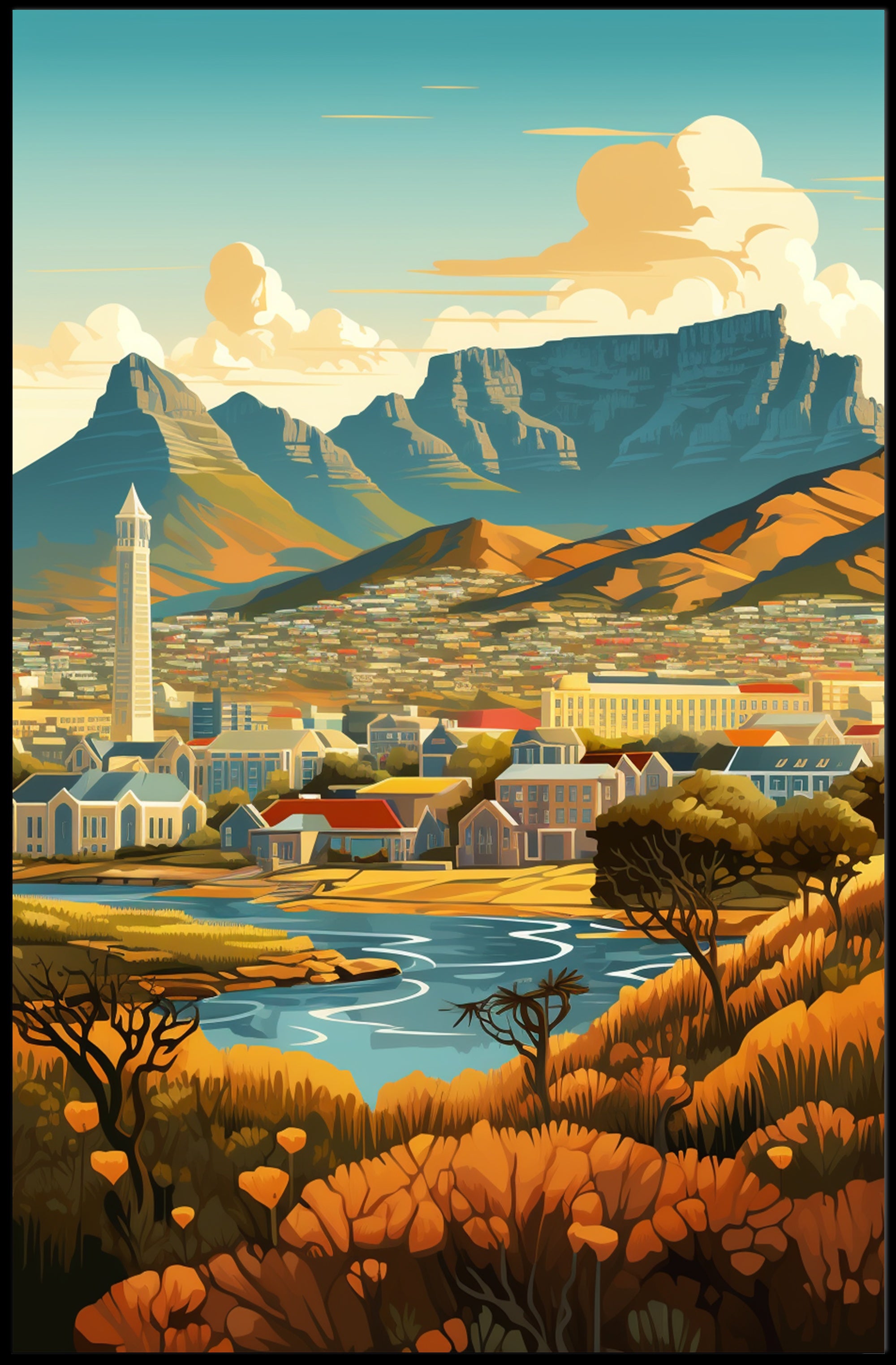Table Mountain South Africa Cityscape Travel Poster