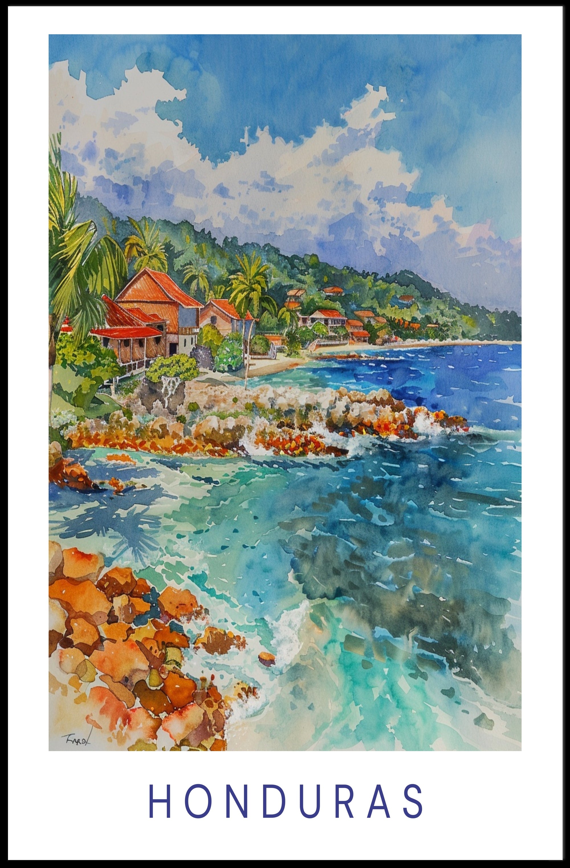 Honduras Coastal Scene Watercolor Travel Poster PosterGoat
