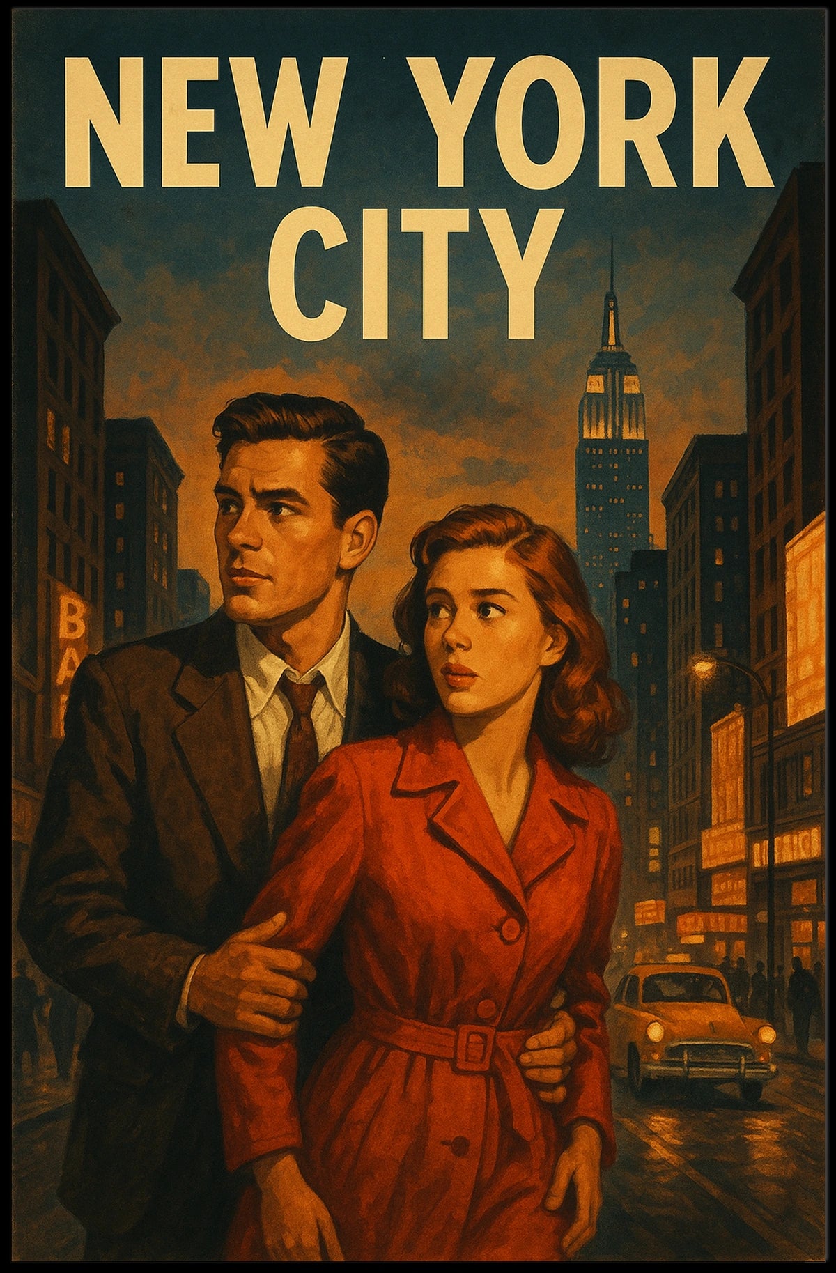 New York City Noir Scene Poster Vintage Cityscape Wall Art
