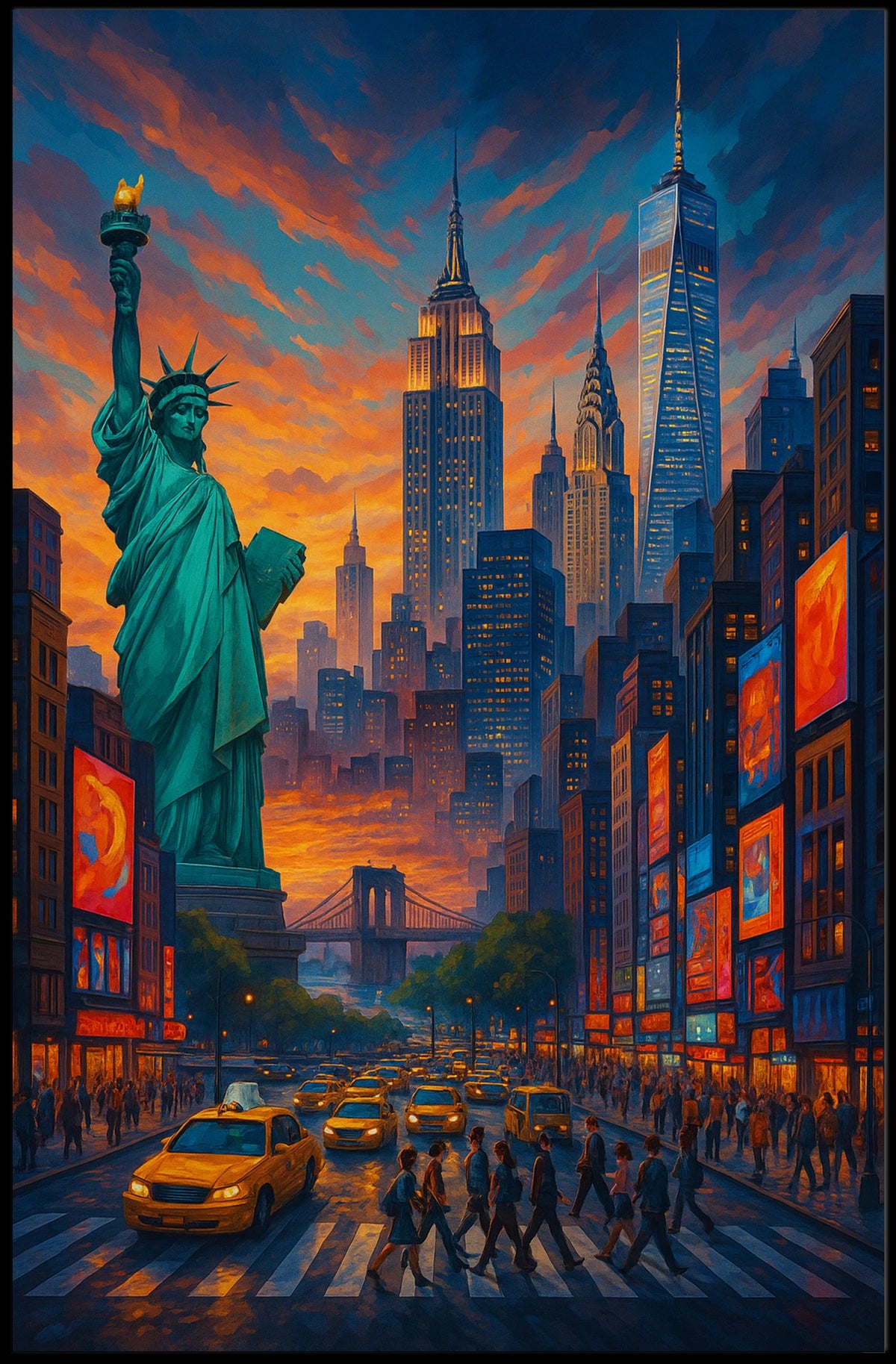 New York City Landmarks Sunset Poster Abstract Wall Art
