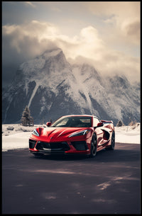 Sleek Red Sports Car in Alpine Landscape Poster PosterGoat