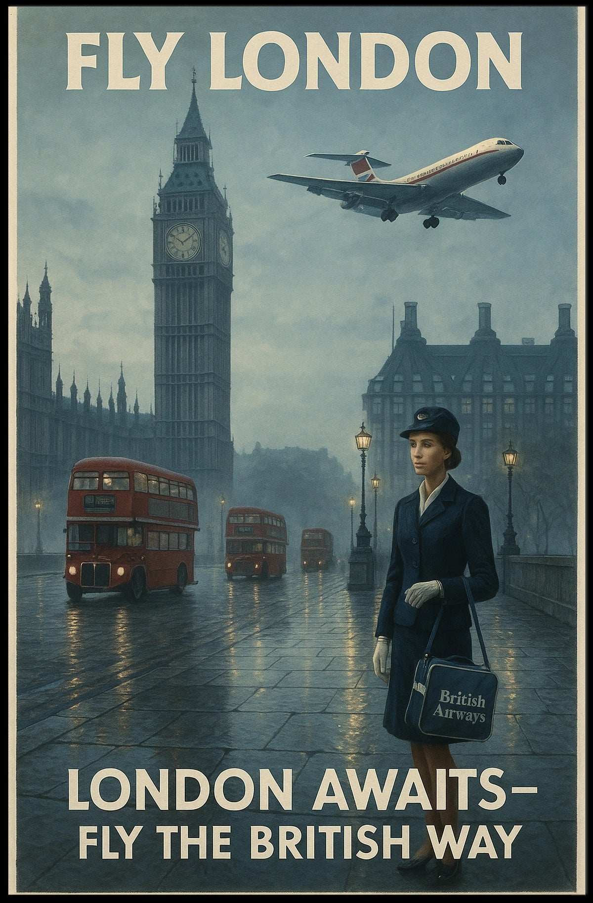 London Travel Elegance: Vintage Mid-20th Century British Air Travel Poster