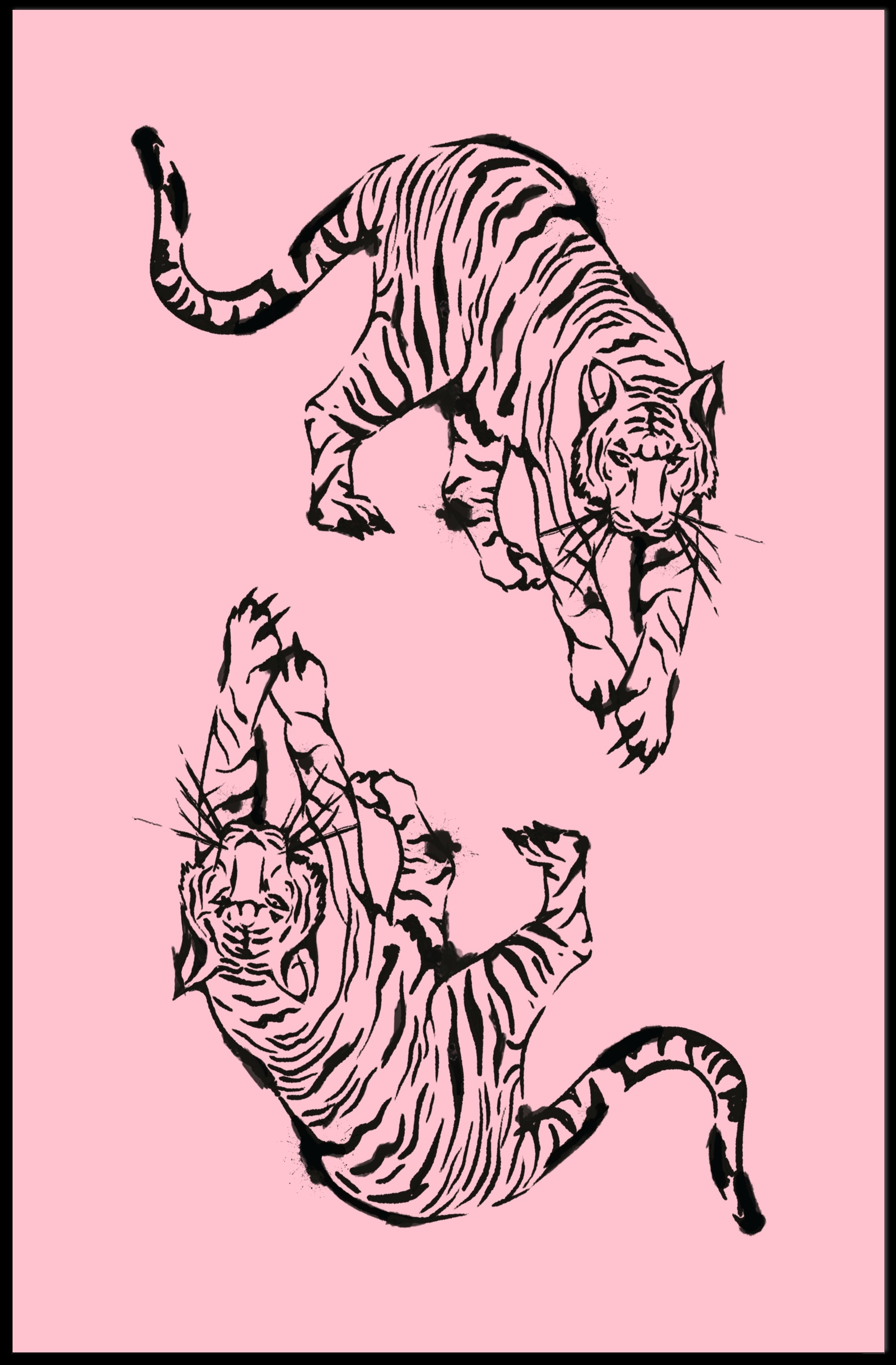 Stylized Black Ink Tigers on Pink Artistic Poster PosterGoat