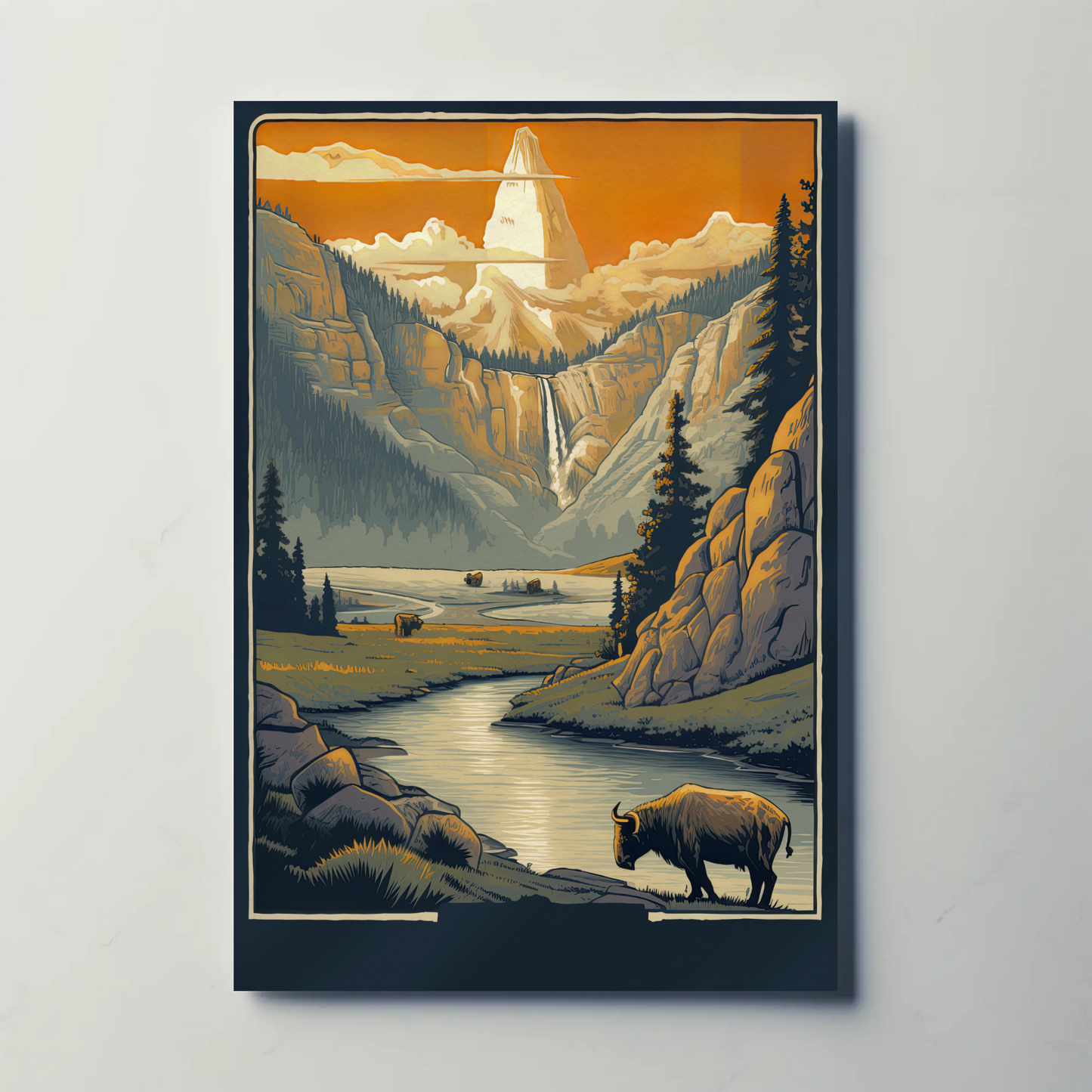 Mountain Valley Yellowstone Bison Scene Travel Poster