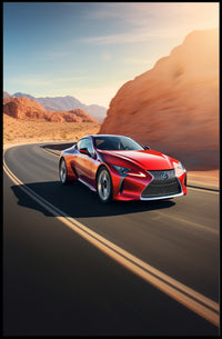 Sleek Red Sports Car on Desert Highway Poster PosterGoat