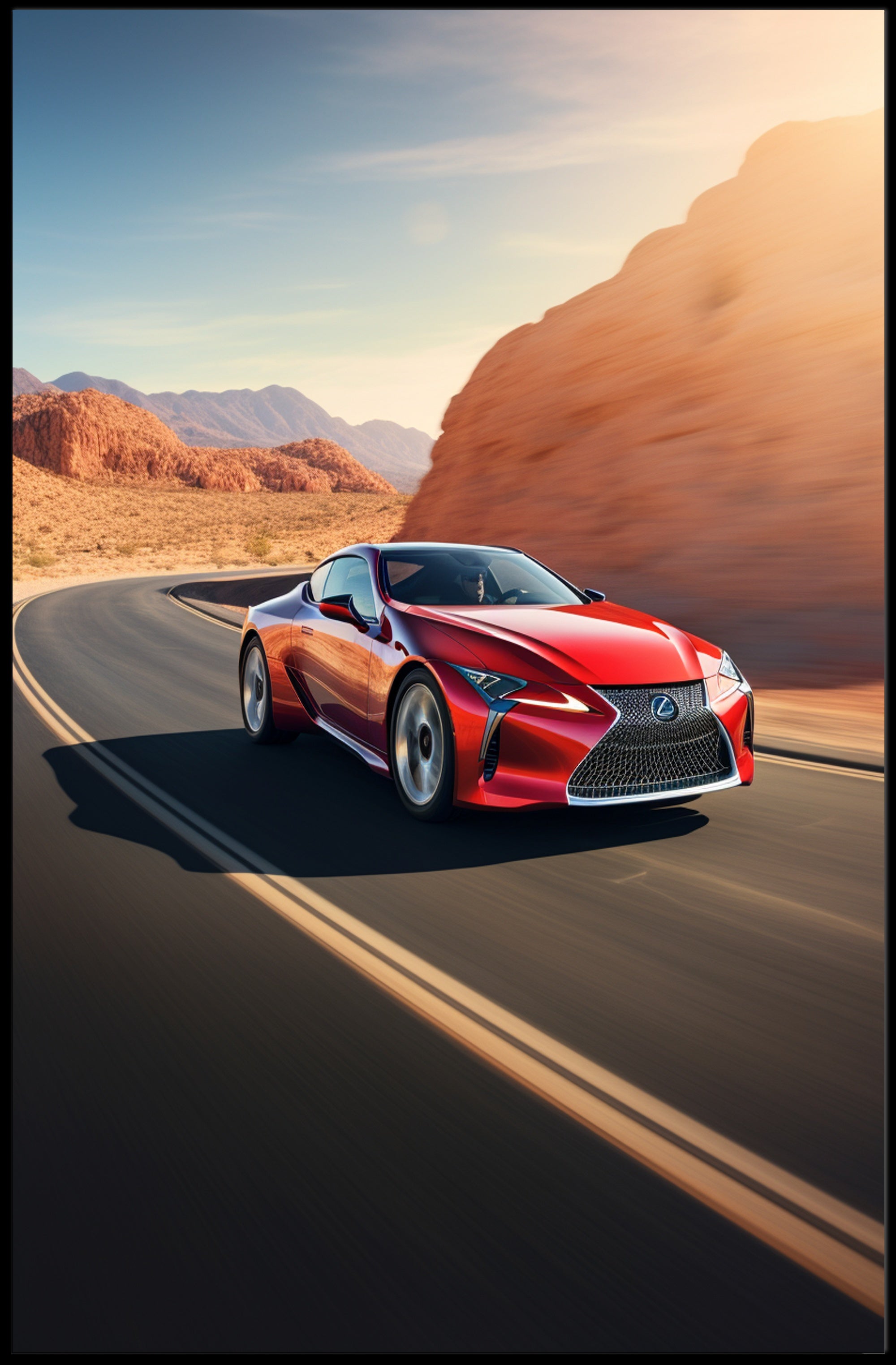 Sleek Red Sports Car on Desert Highway Poster PosterGoat