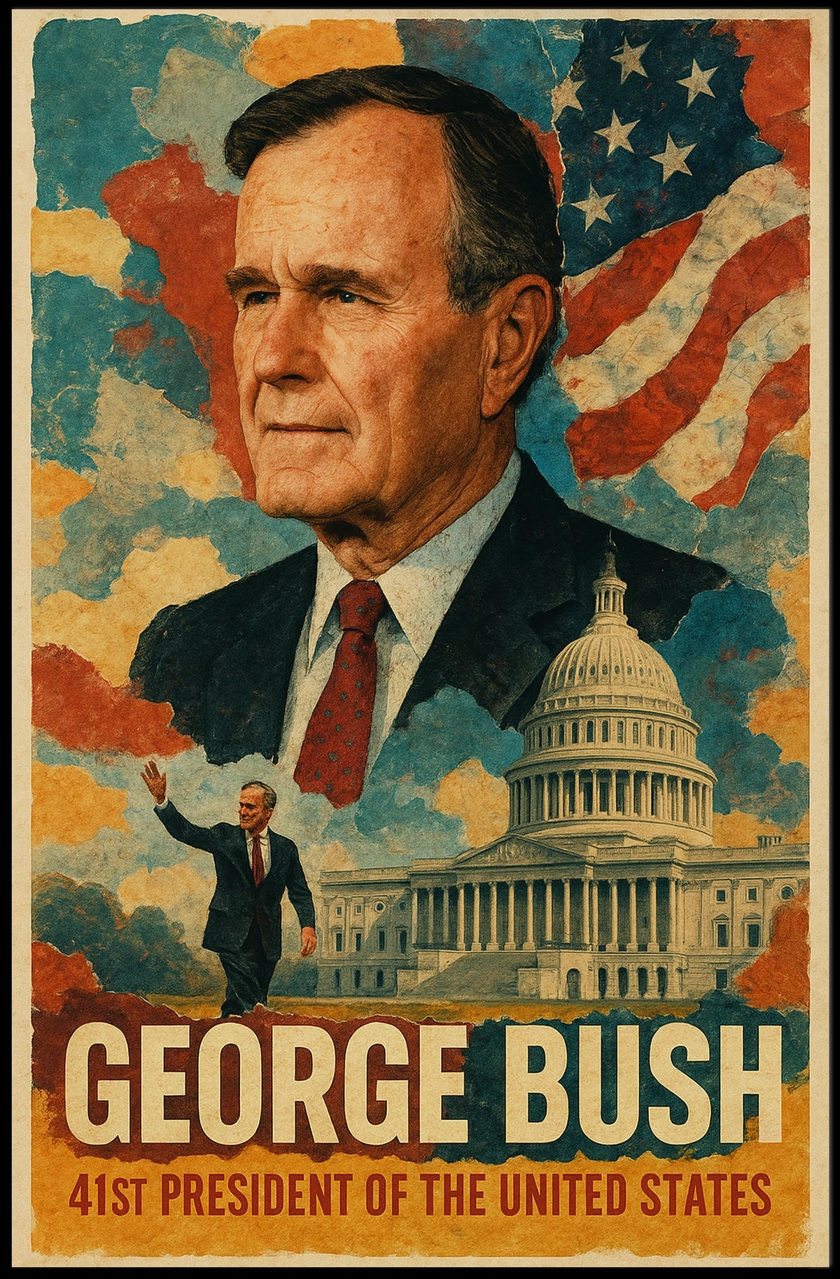 George H. W. Bush 41st President of the United States Layered Digital Collage Poster