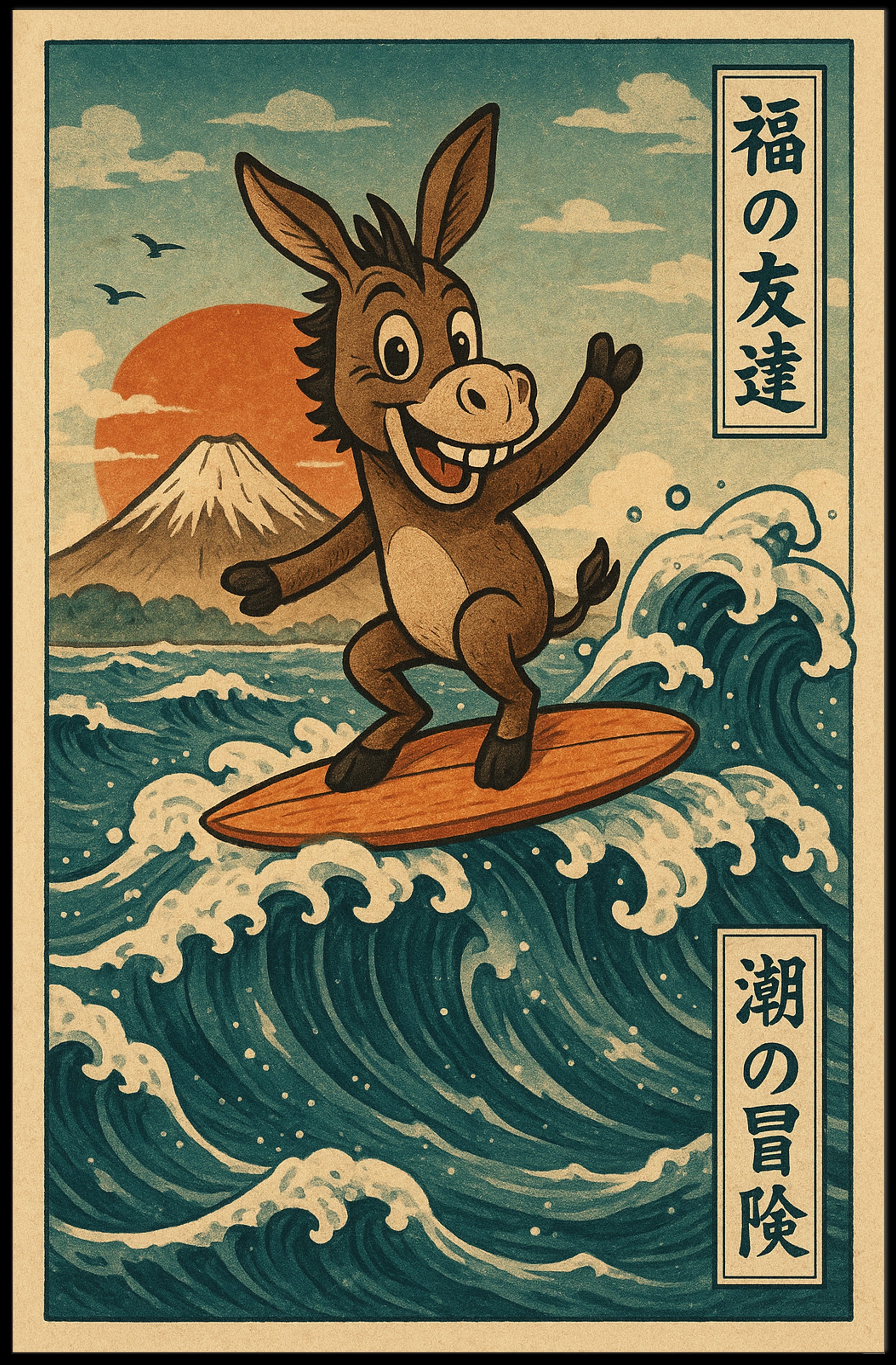 Surfing Donkey Adventure on Japanese Heritage Poster
