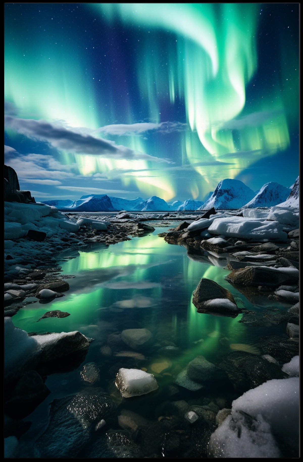 Aurora Borealis Over Icy Landscape Poster
