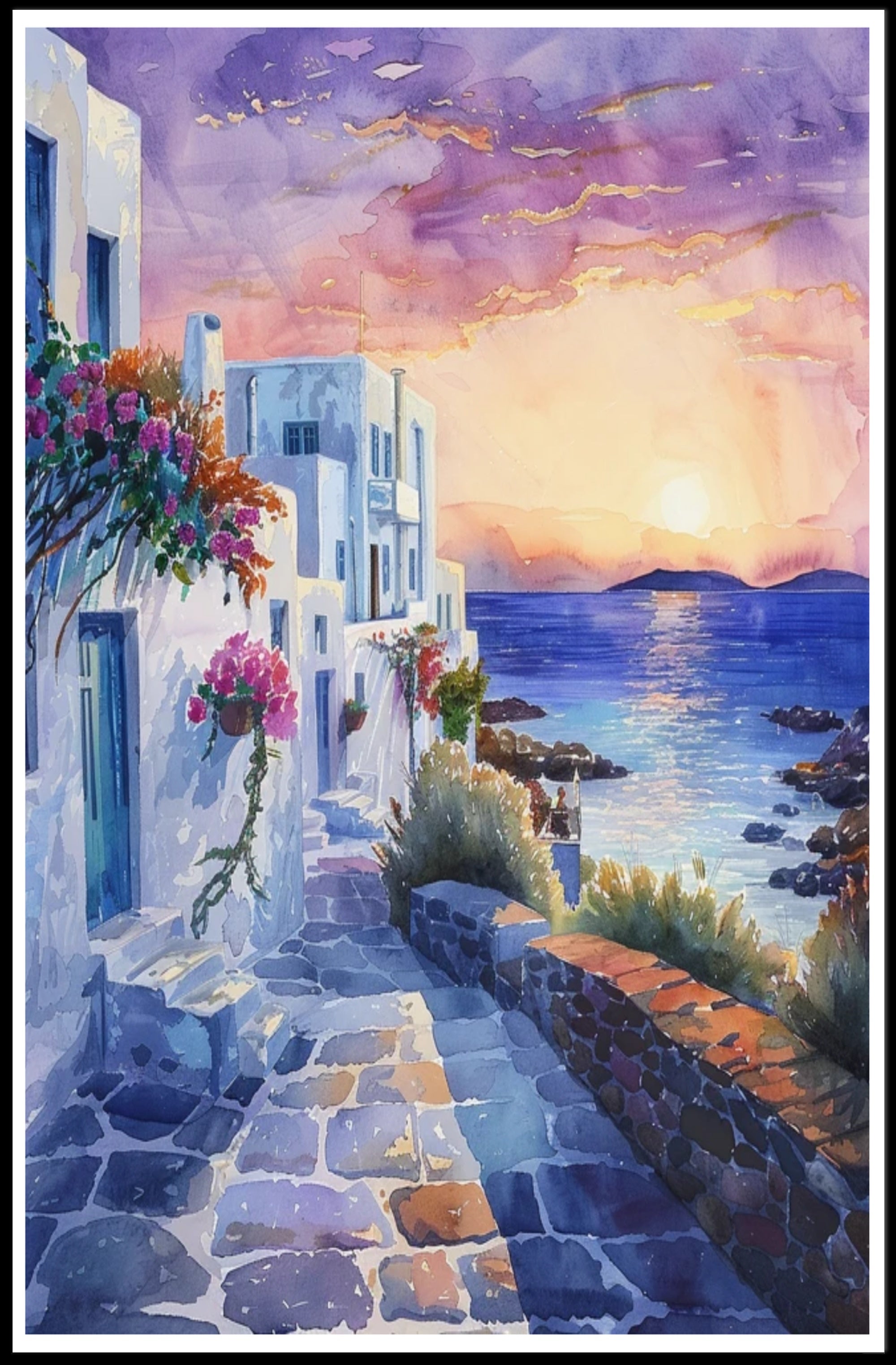 Sunset in a Coastal Village Poster PosterGoat