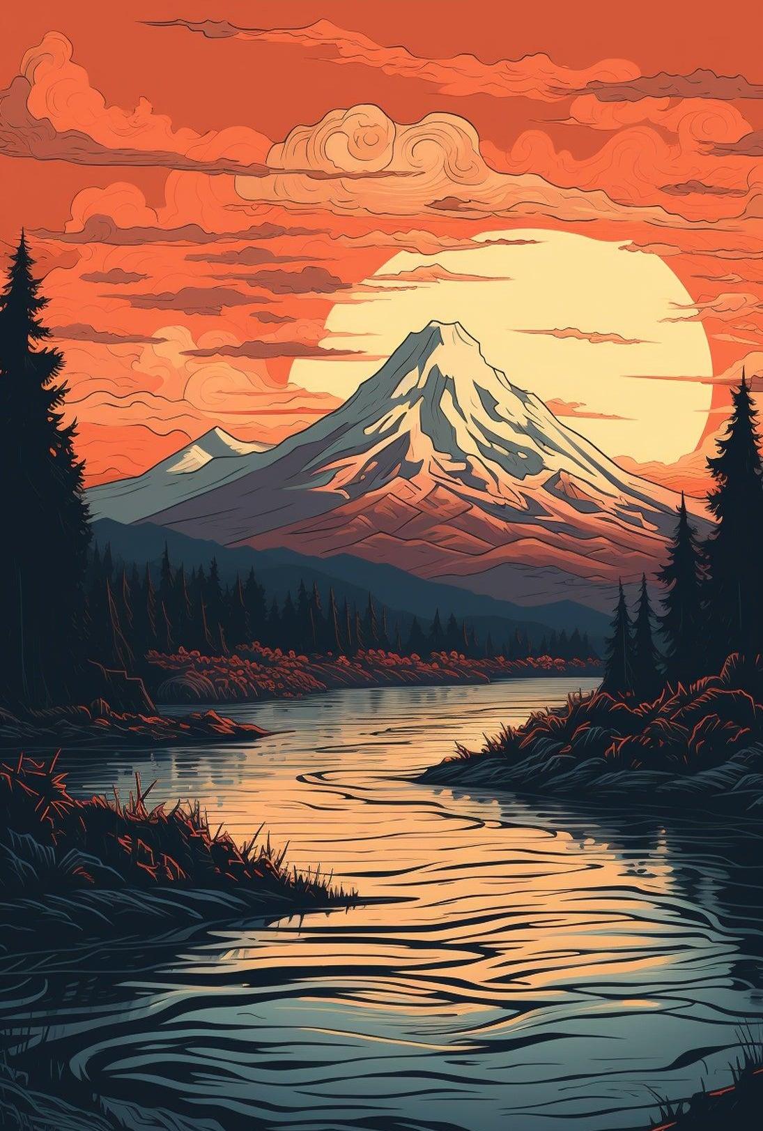 Mountains and River Scenic View Vintage Travel Poster