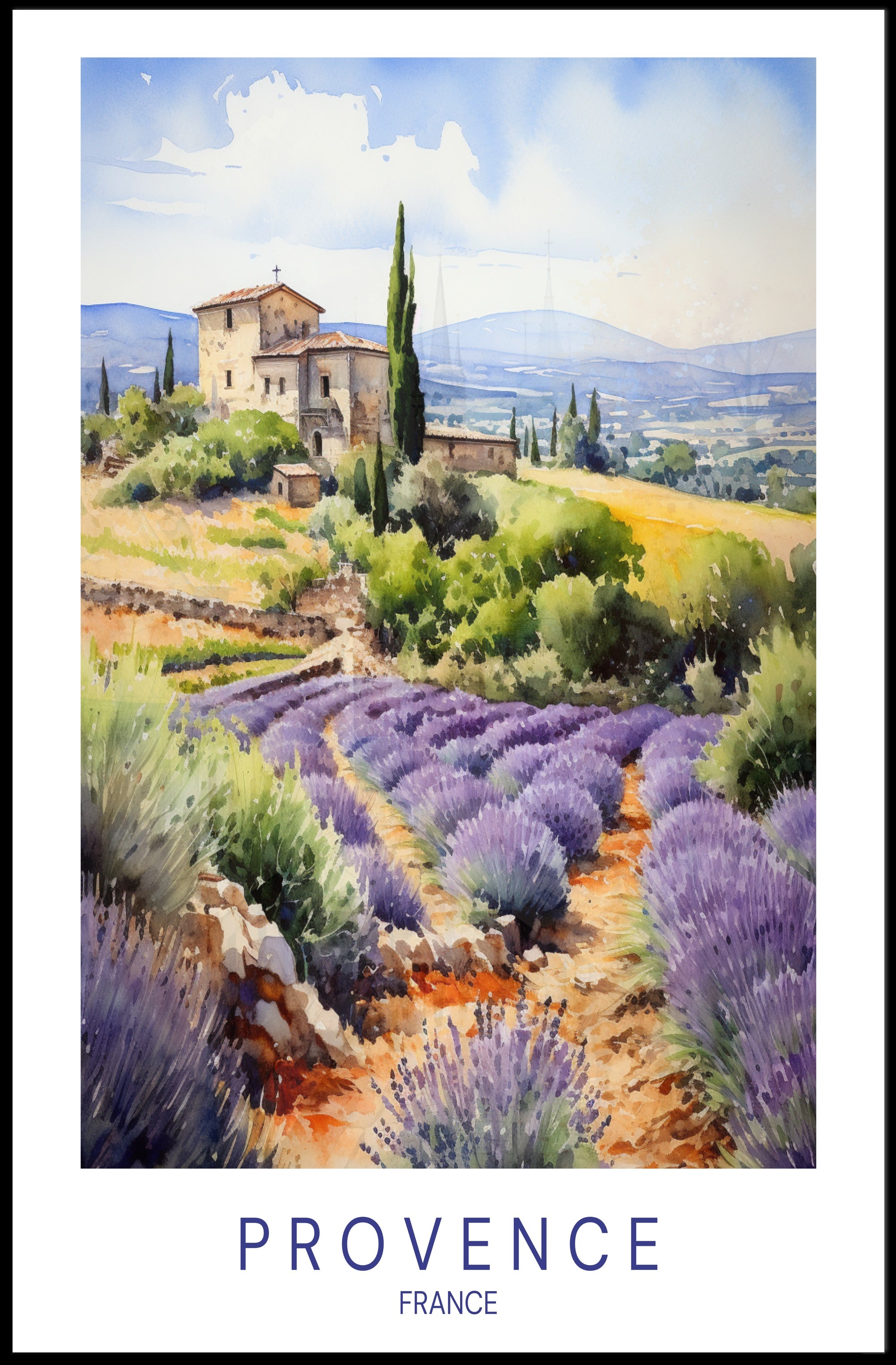 Provence Countryside Watercolor Art for Idyllic Landscape Poster PosterGoat